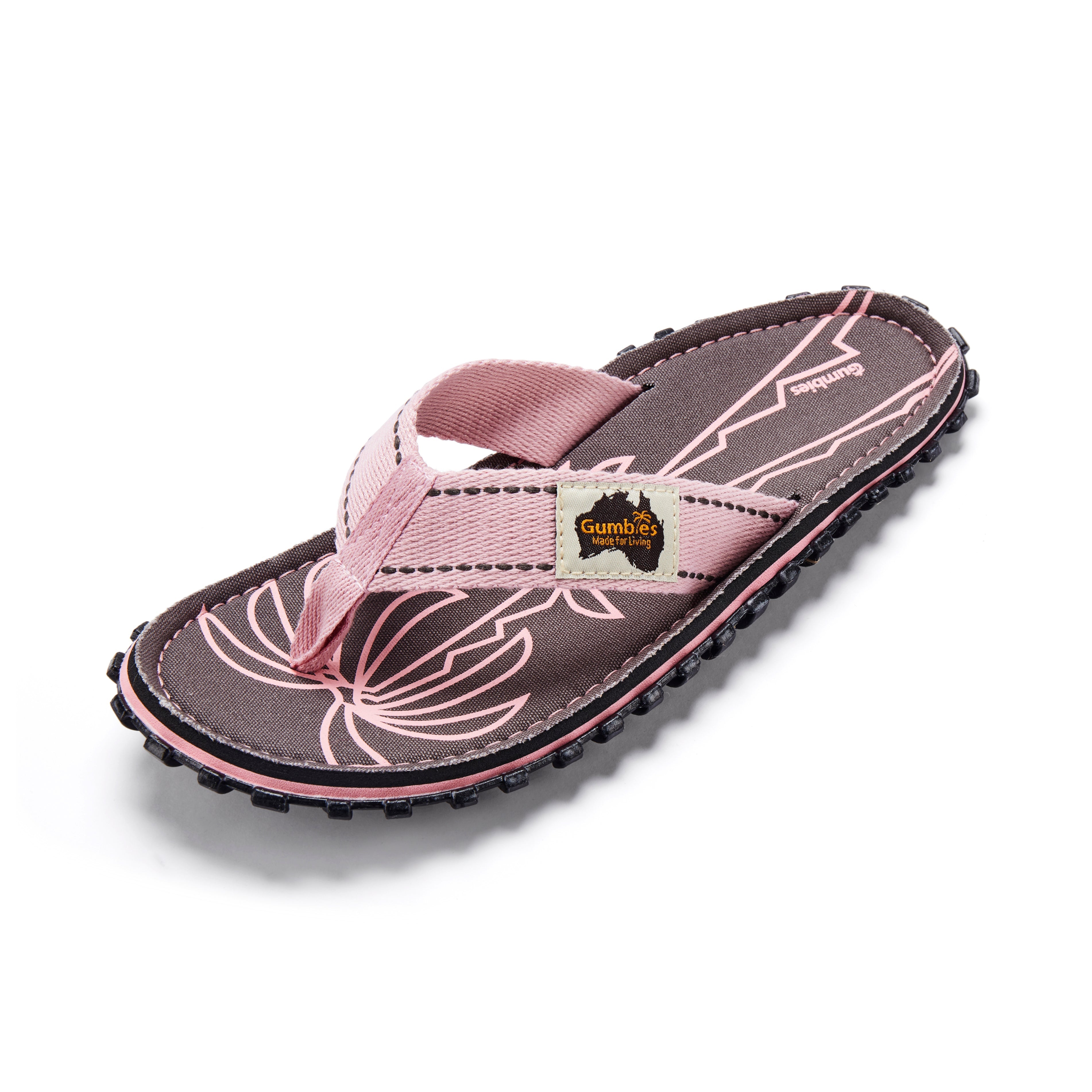 Pink and gray sandal with floral design on a white background