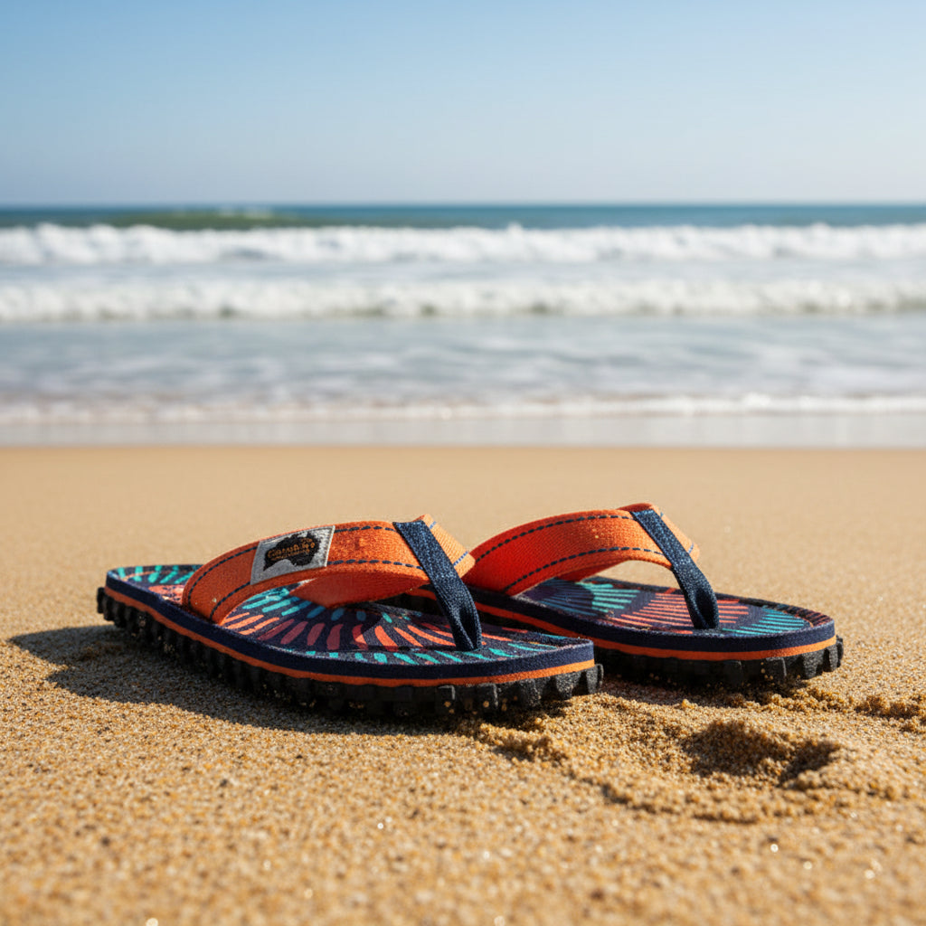 Pair of colorful flip-flops with a brand logo on a white background