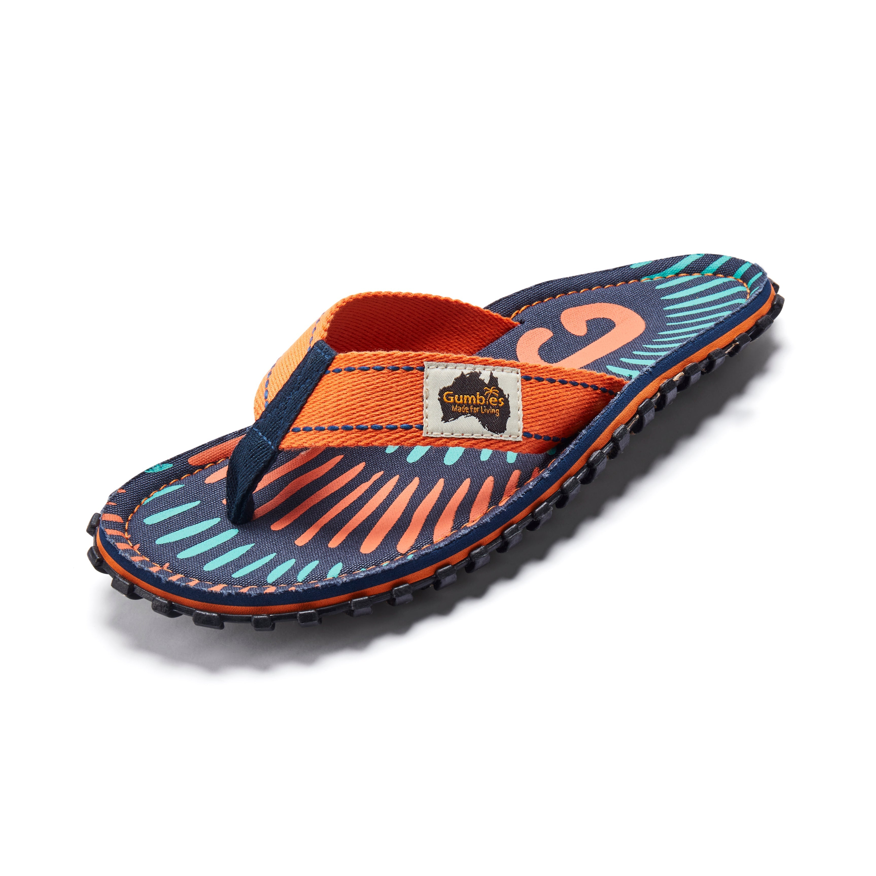 Orange and blue flip-flop sandal with a brand label on a white background