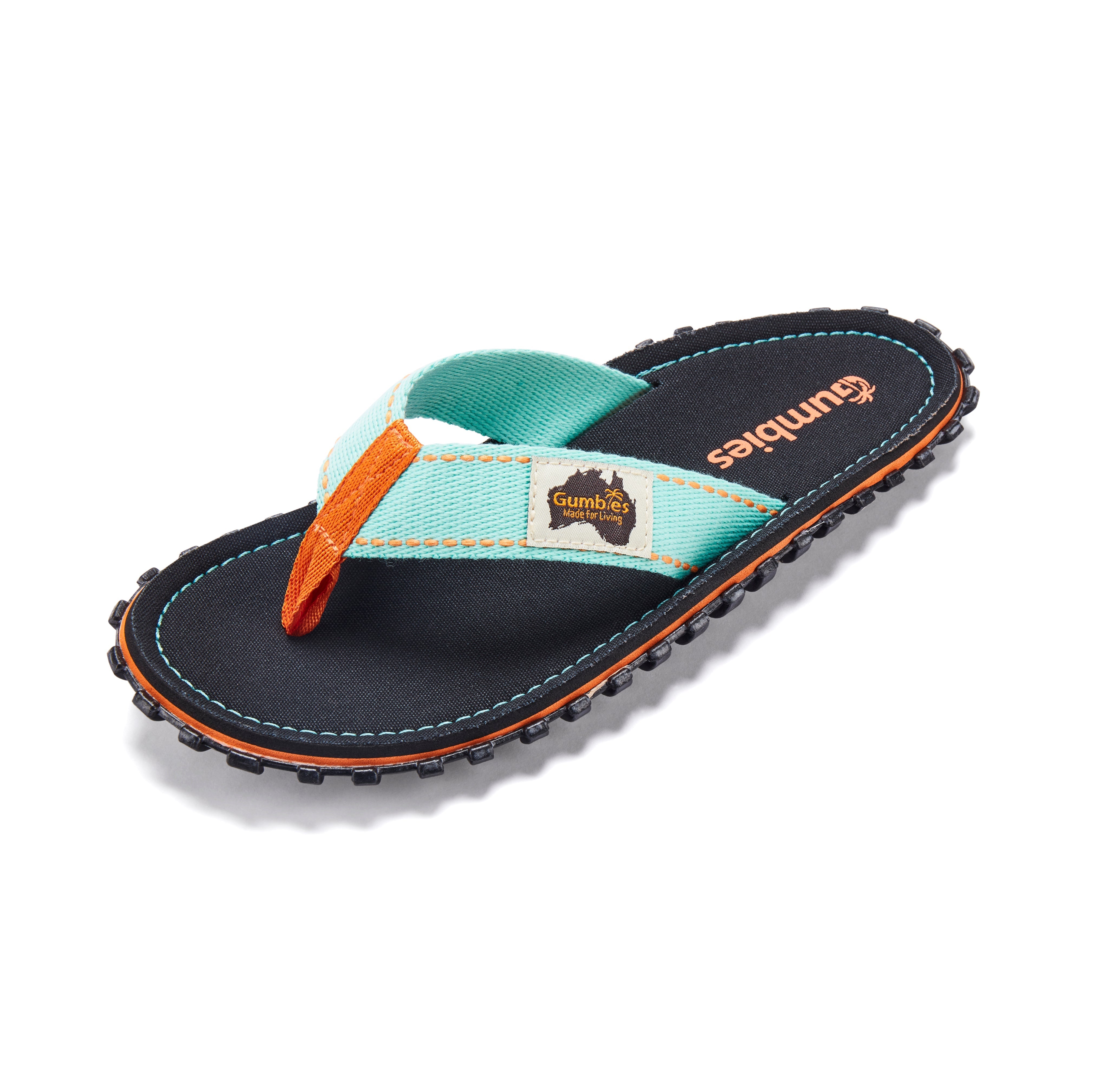 Flip-flop sandal with teal strap and orange accents on a white background