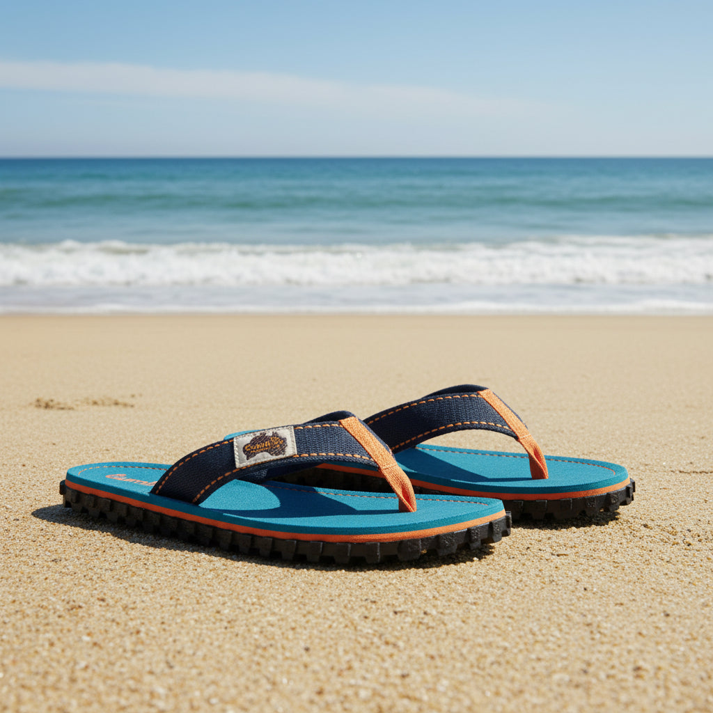 Blue flip-flops with orange accents on a white background