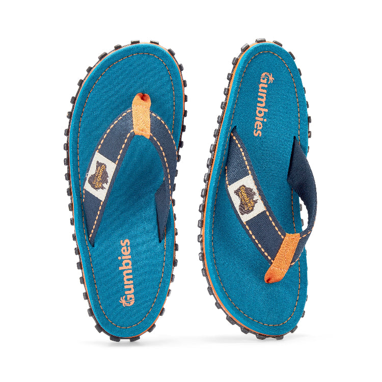 Blue flip-flops with orange accents on a white background