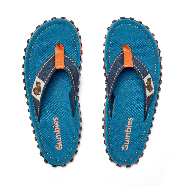 Pair of blue sandals with orange straps on a white background