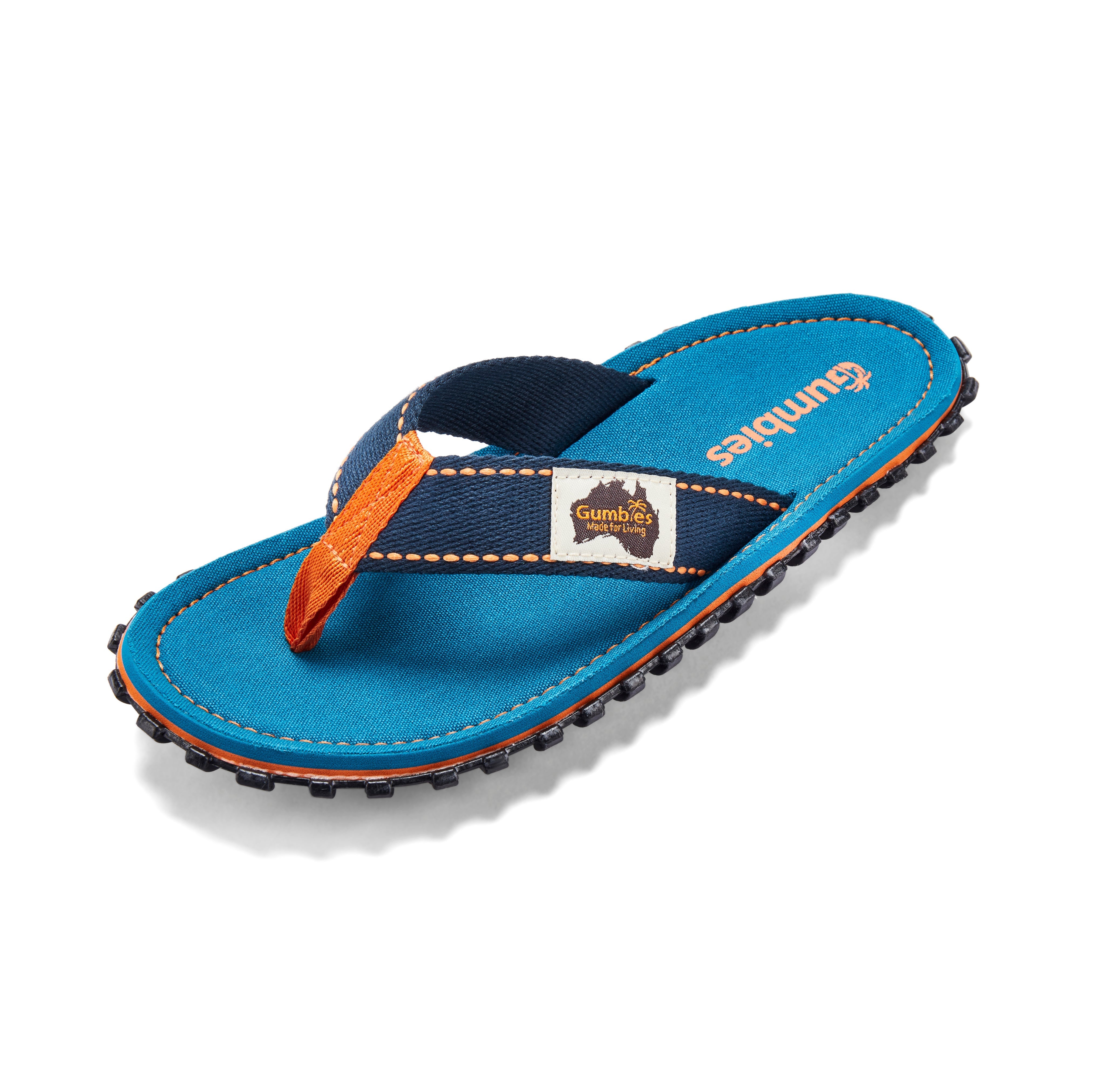 Blue and orange sandal with 'Gumbies' branding on a white background