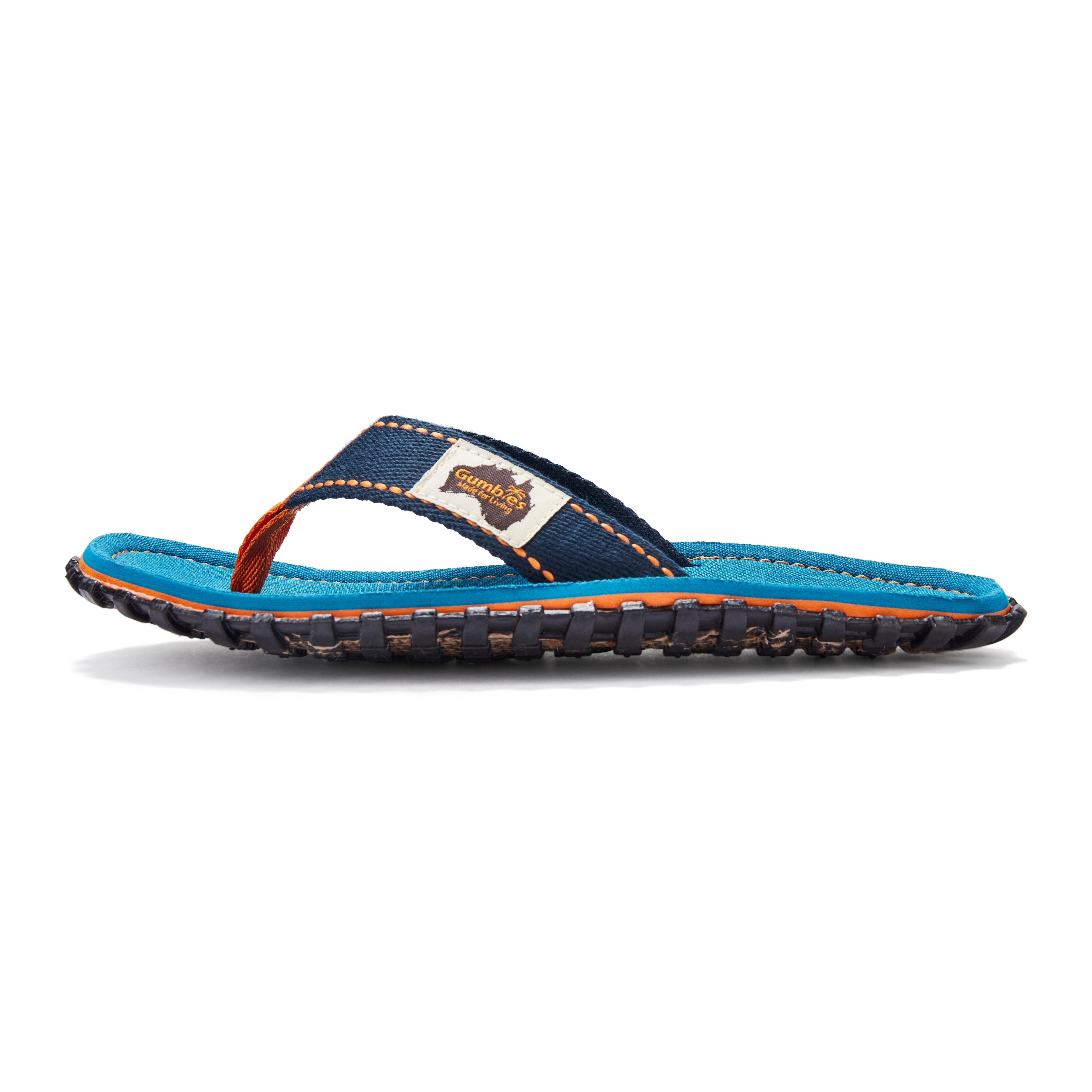 Blue and orange sandal with a brand logo on a white background
