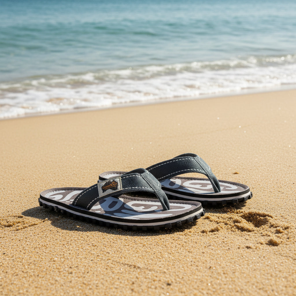 Pair of gray sandals with white text on a white background