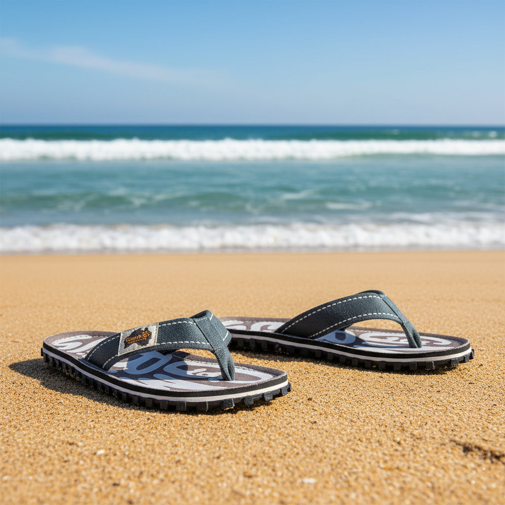 Pair of gray sandals with white text on a white background