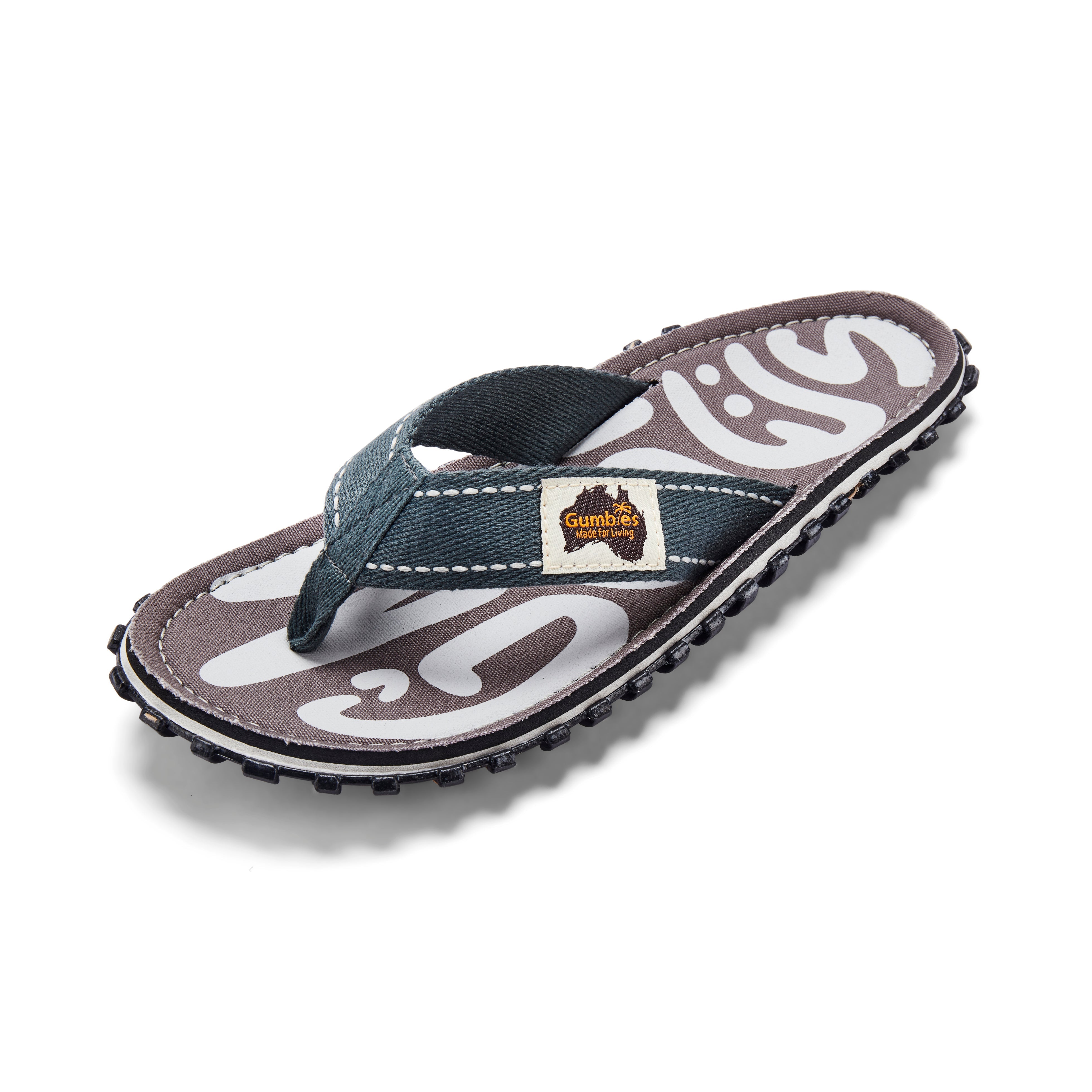 Gray sandal with white text on a white background