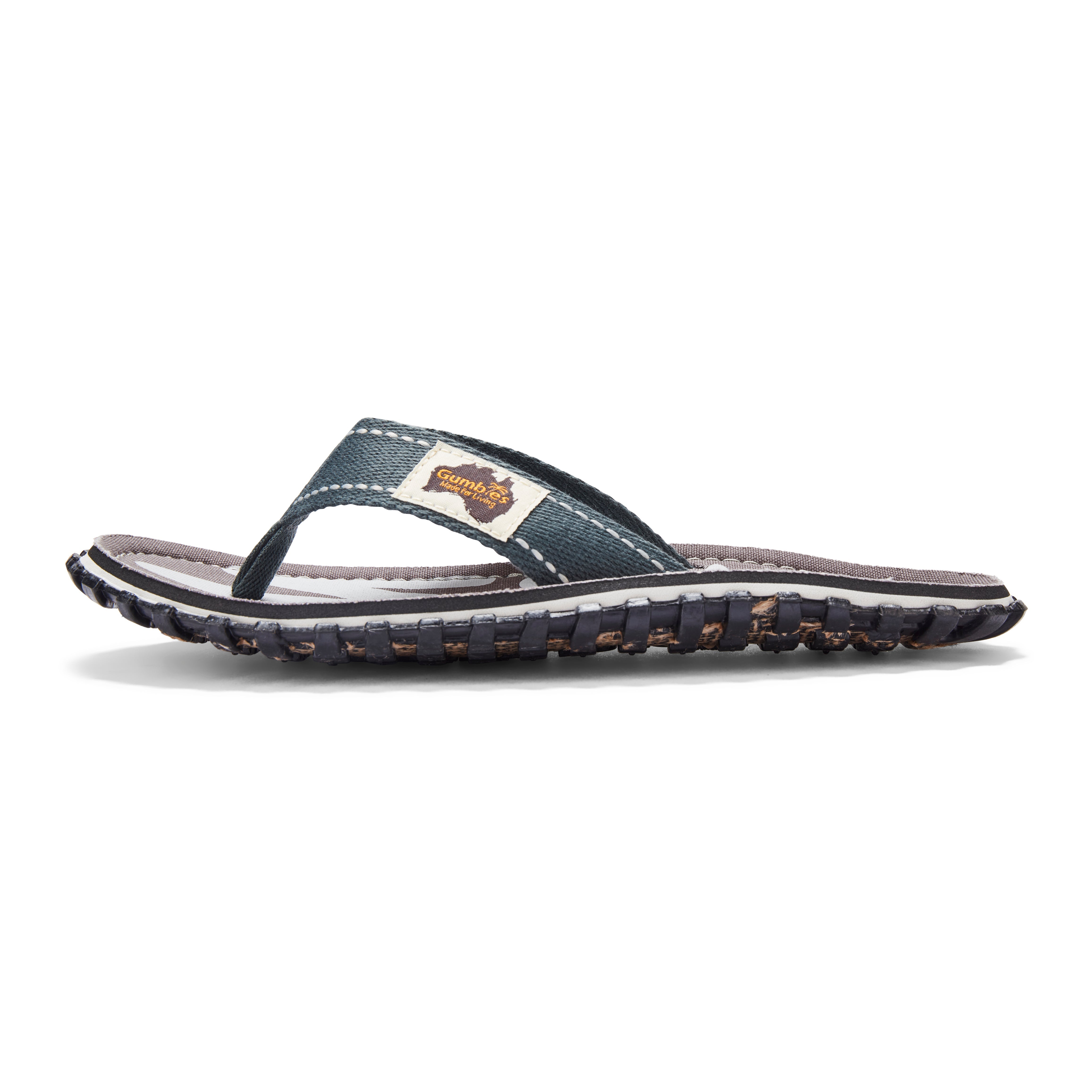 Navy blue sandal with a brand logo on a white background