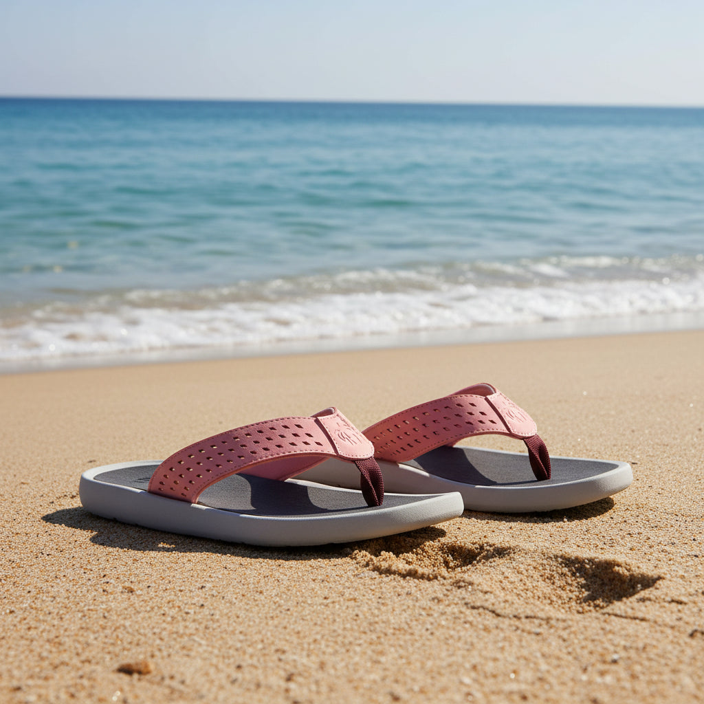 Pair of pink and gray sandals on a white background