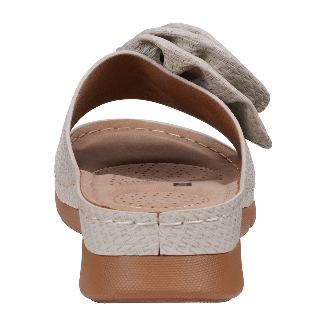 Woven sandal with beige strap and brown sole on a white background