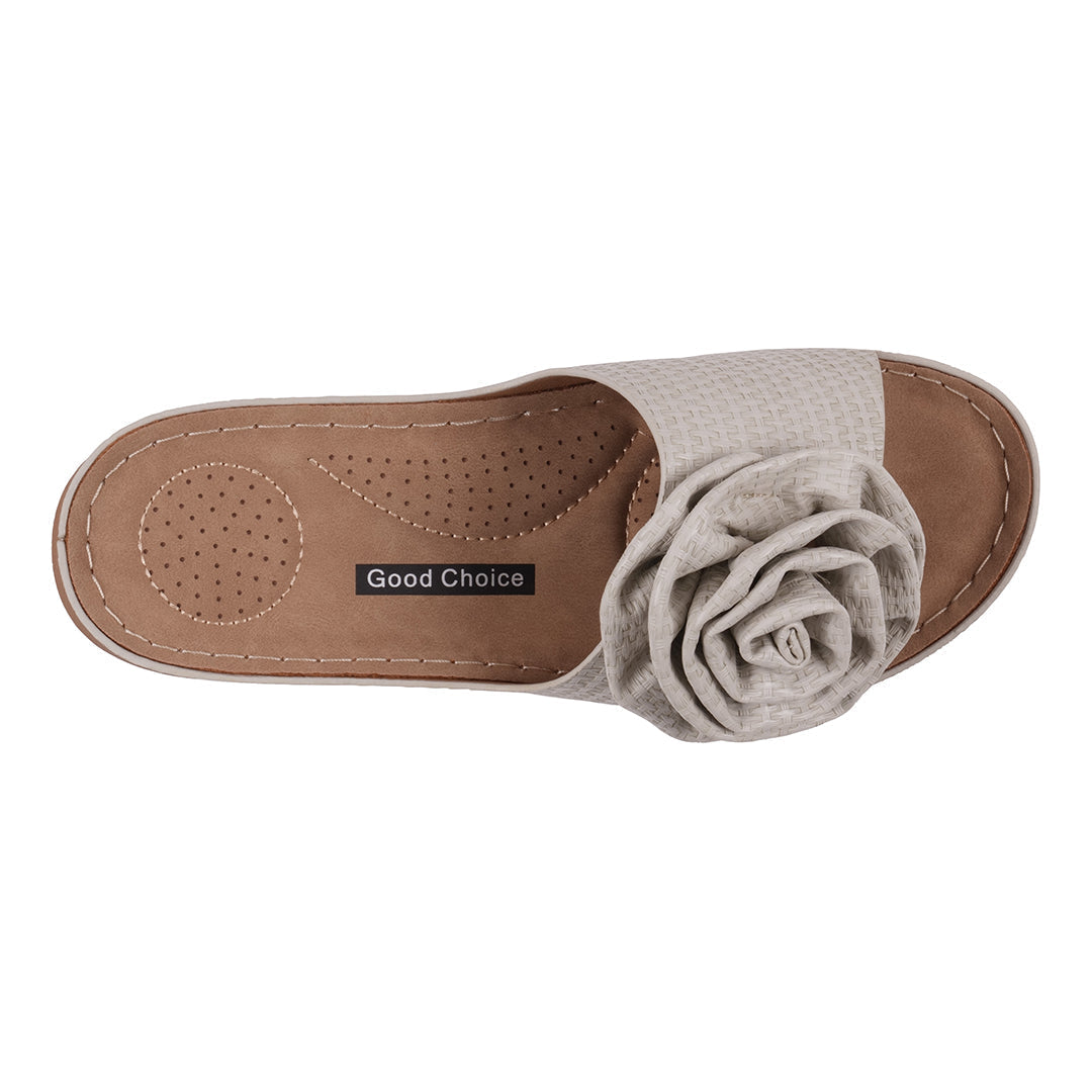 Sandal with gray flower detail on a white background