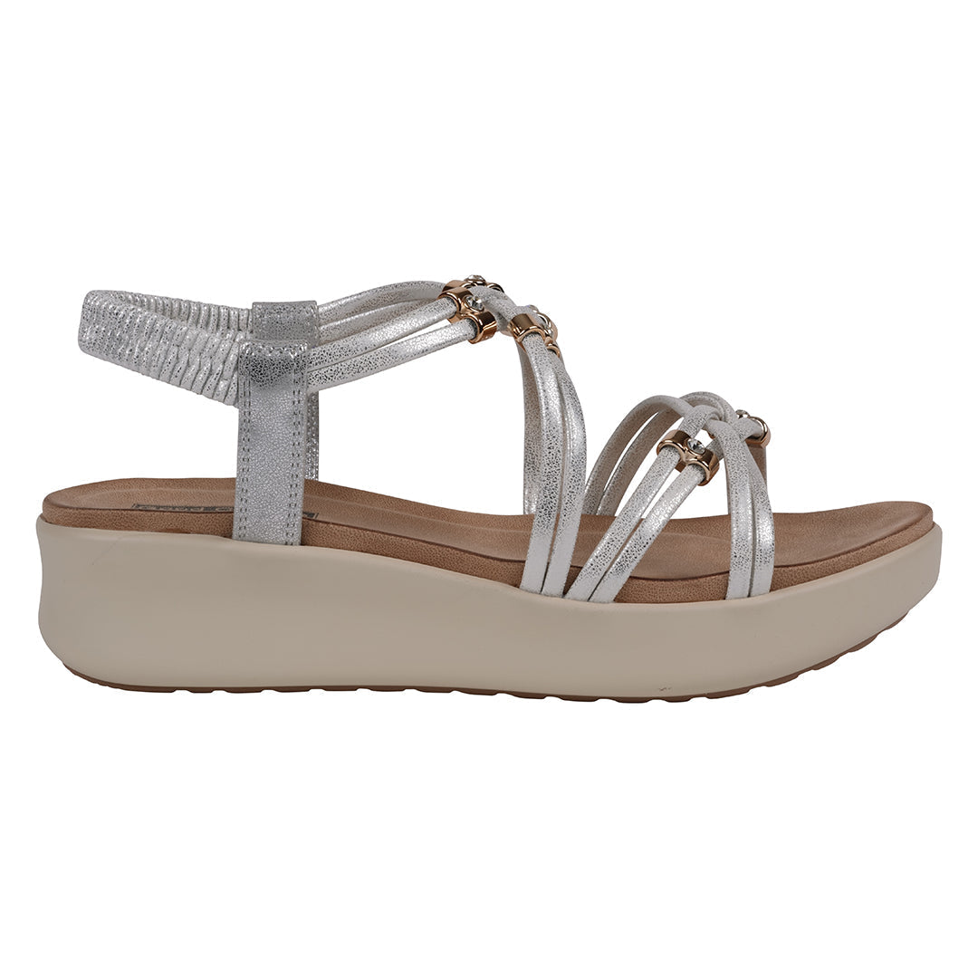 Silver sandal with a beige sole on a white background