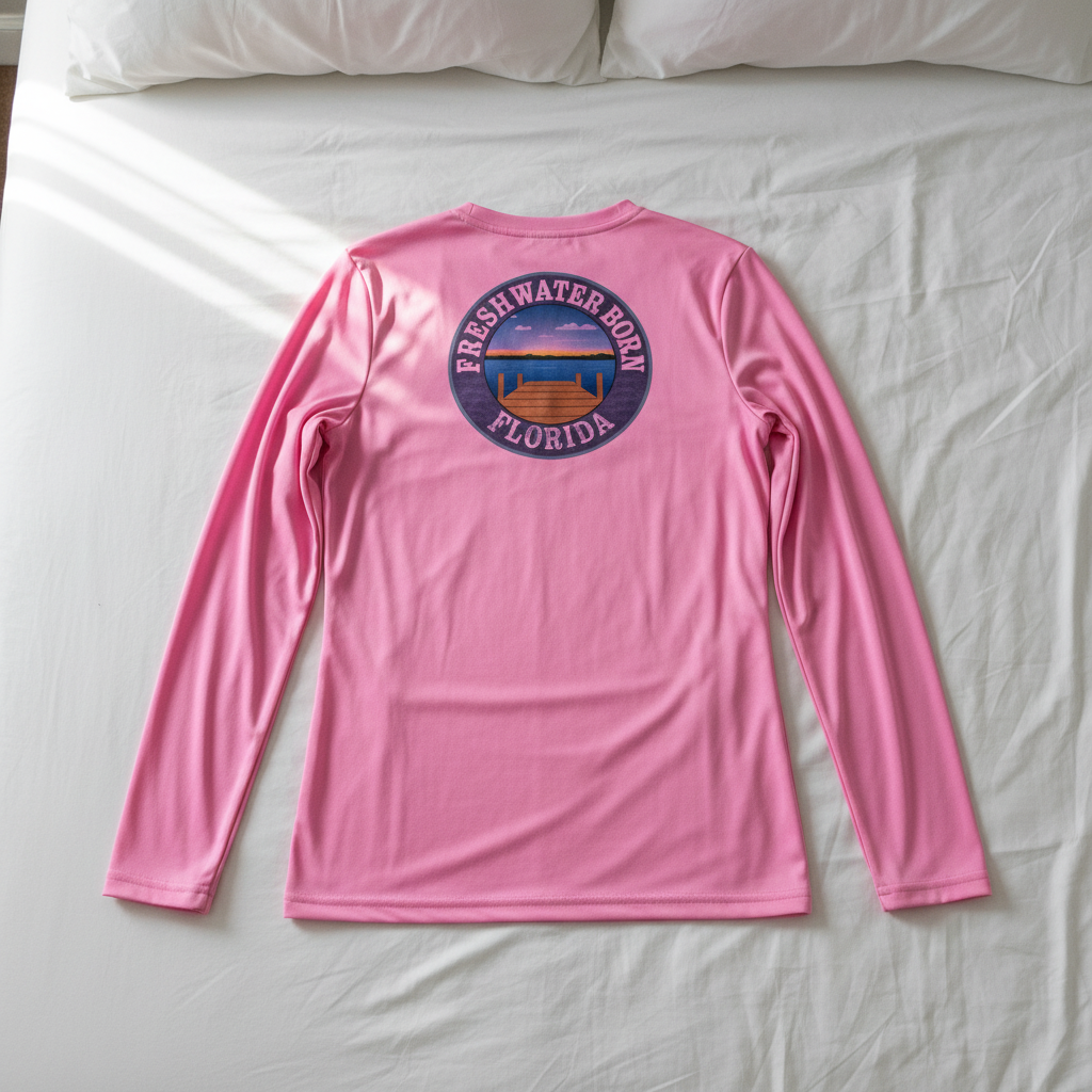 Pink long-sleeve shirt with 'Freshwater Born Florida' logo on a white background