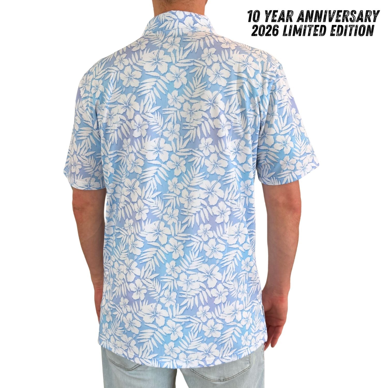Person wearing a blue and white floral patterned shirt on a white background with text indicating a 10-year anniversary and limited edition.
