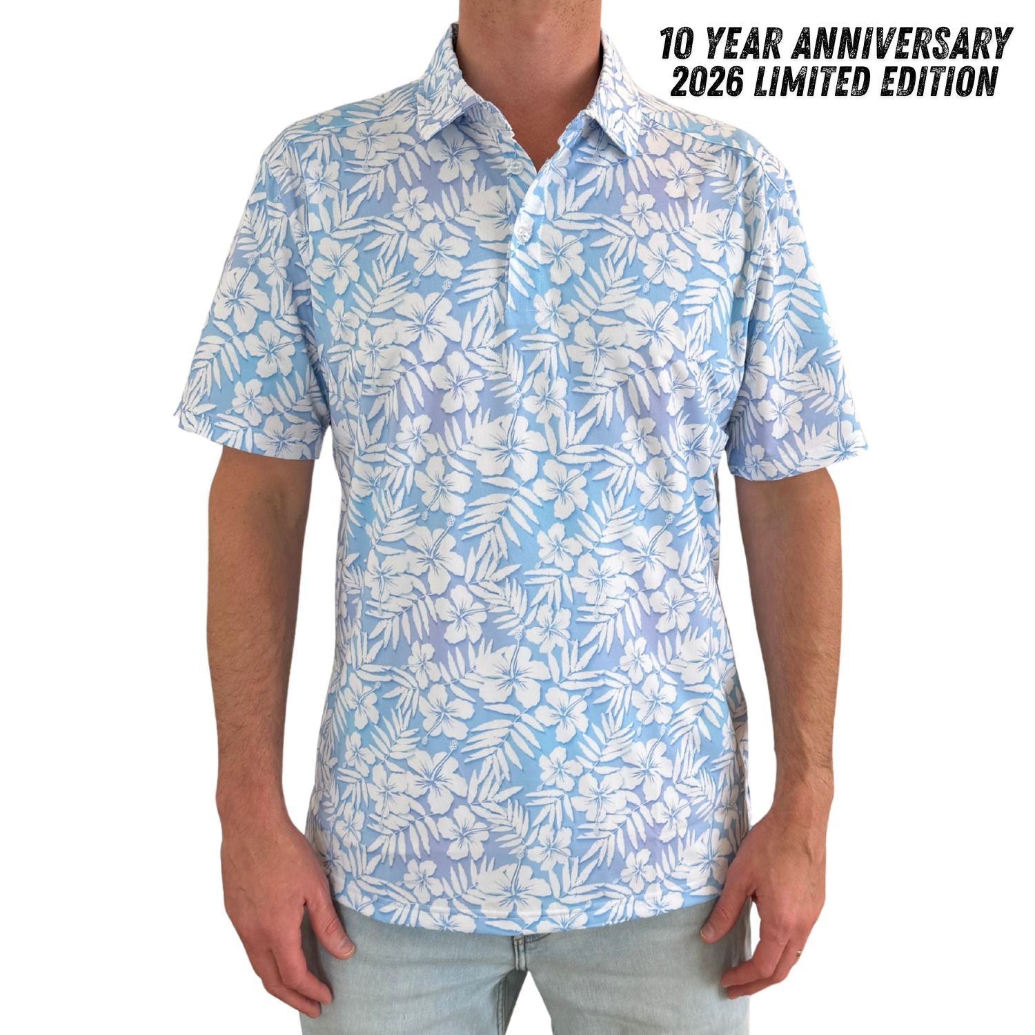 Person wearing a blue and white floral patterned shirt with text indicating a 10-year anniversary and limited edition.