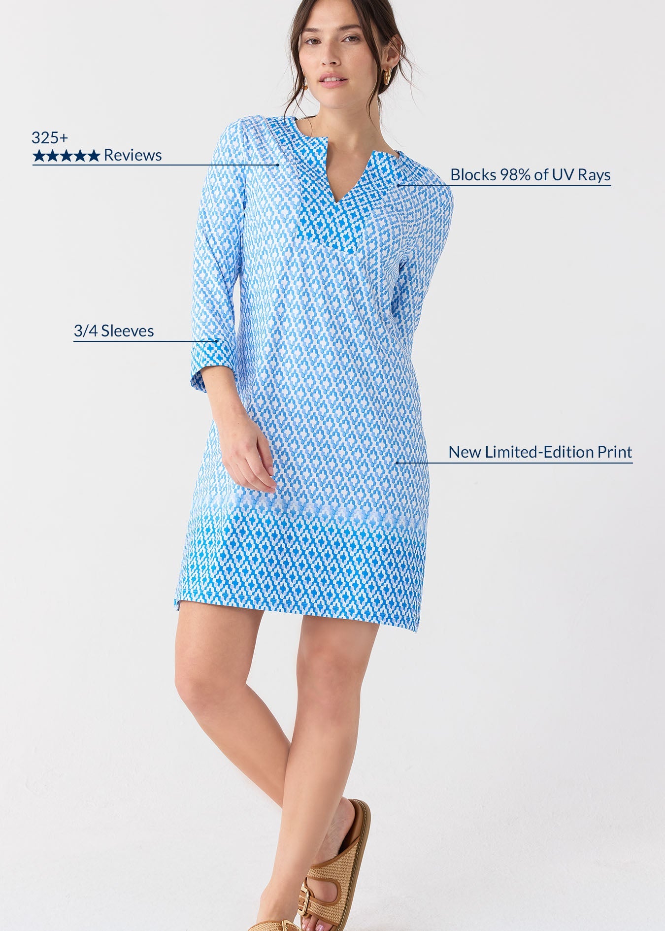 Woman wearing a blue patterned dress on a white background with product features highlighted.