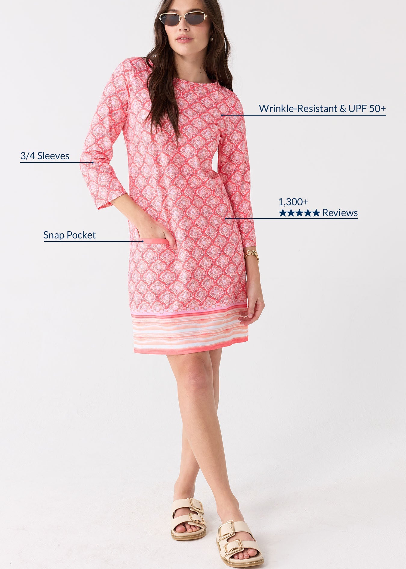 Woman wearing a pink dress with text highlighting features on a white background