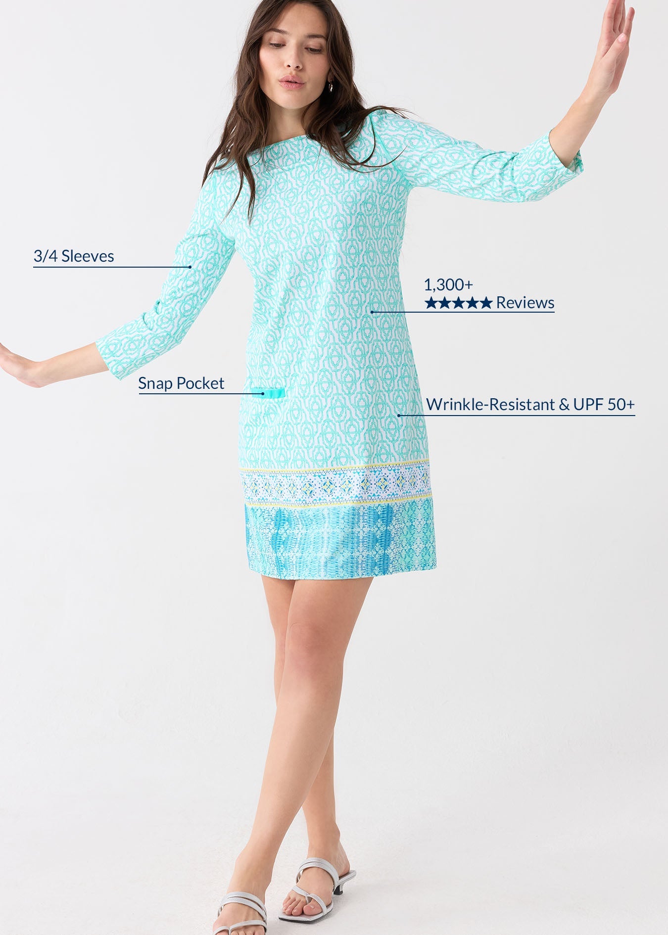 Woman wearing a light blue dress with text highlighting features on a white background