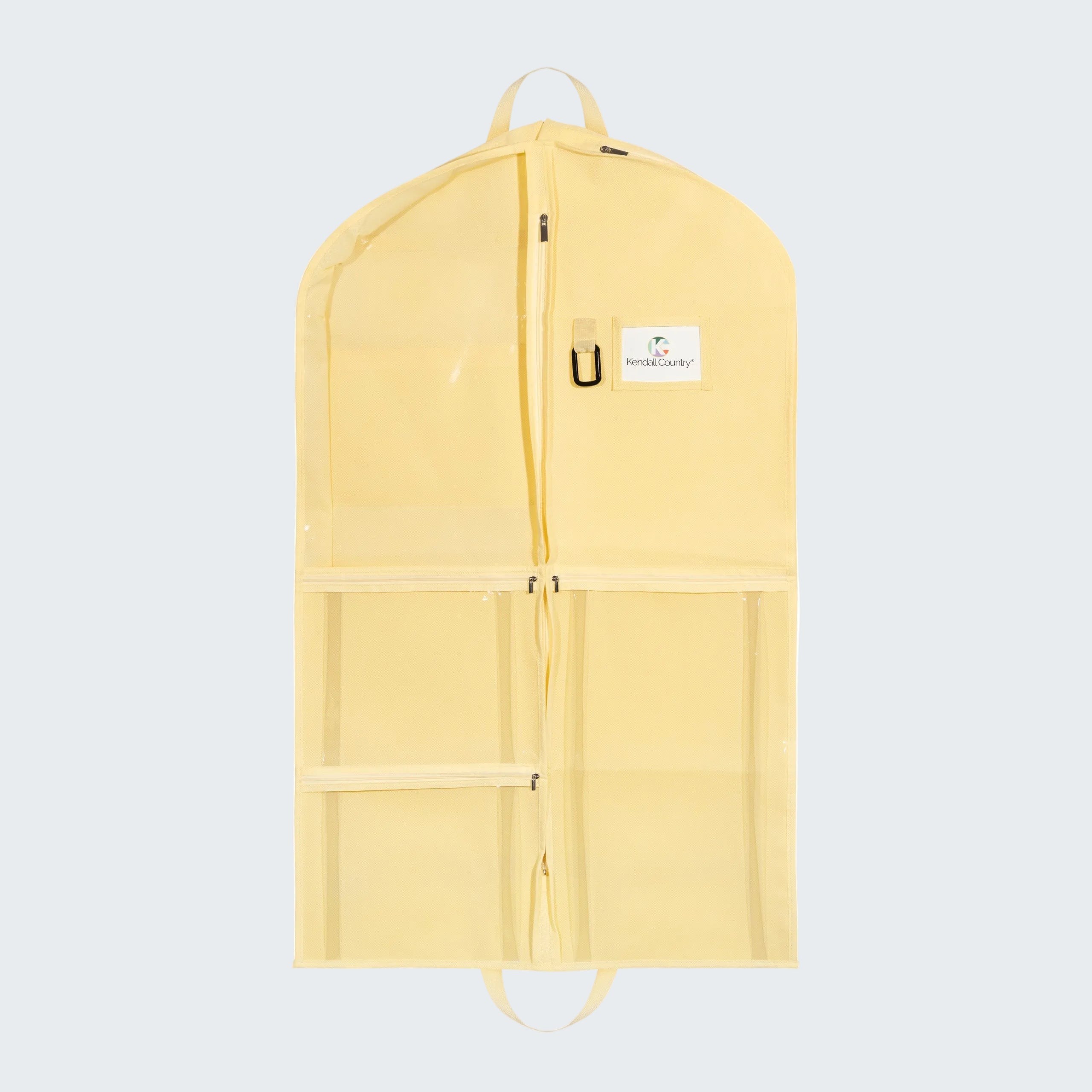 A pale yellow garment storage bag with a front zipper, clear pockets, and a small white brand label reading 'PINECRAFTWAY'.