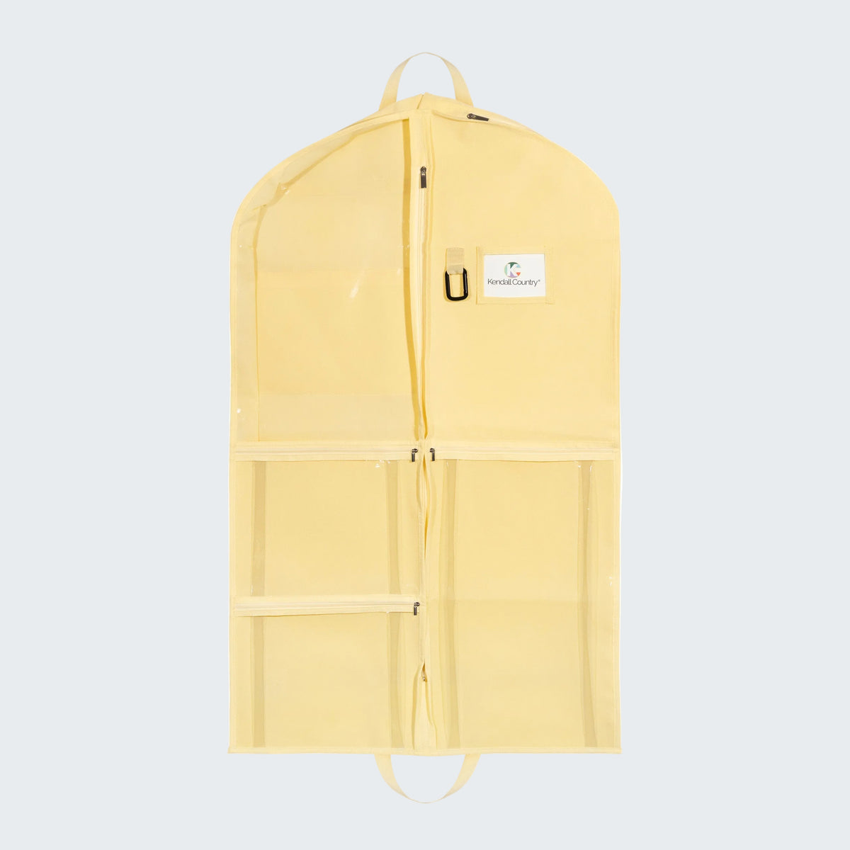A pale yellow garment storage bag with a front zipper, clear pockets, and a small white brand label reading 'PINECRAFTWAY'.