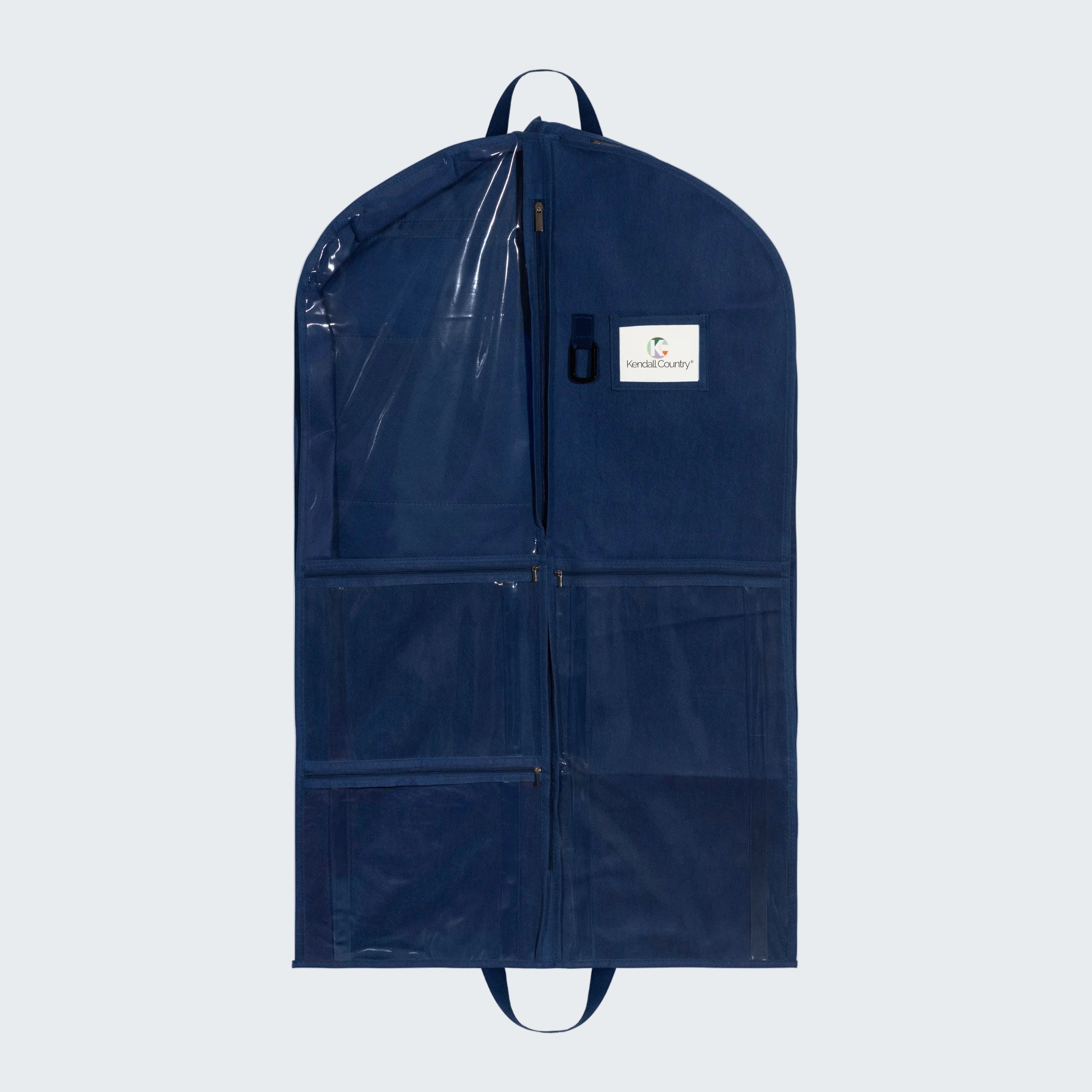 A dark navy blue garment bag with a front zipper, clear plastic window, and a white 'GentleVan' brand label, shown against a plain white background.