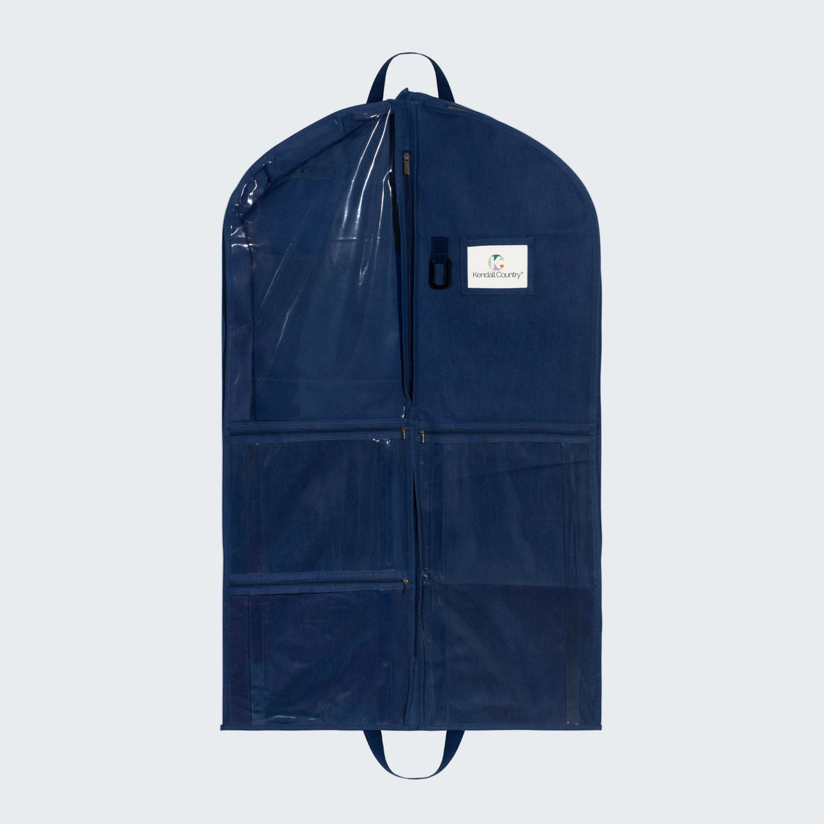 A dark navy blue garment bag with a front zipper, clear plastic window, and a white 'GentleVan' brand label, shown against a plain white background.