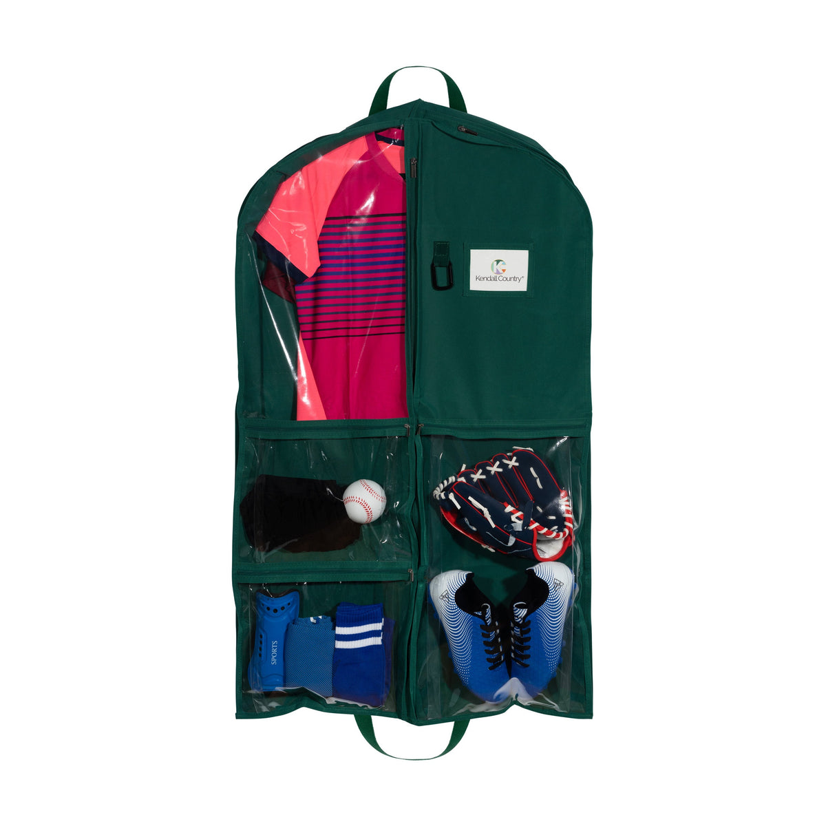 A dark green baseball gear storage bag with clear plastic pockets, shown against a white background. The bag contains various sports items including a pink striped shirt, a baseball, a glove, socks, and shoes.