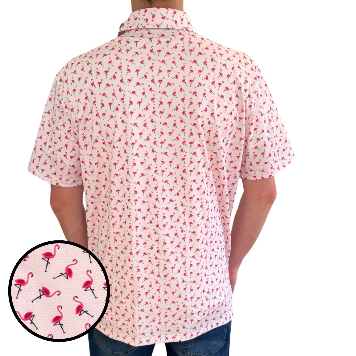 Person wearing a pink short-sleeve shirt with flamingo pattern, inset showing detail.