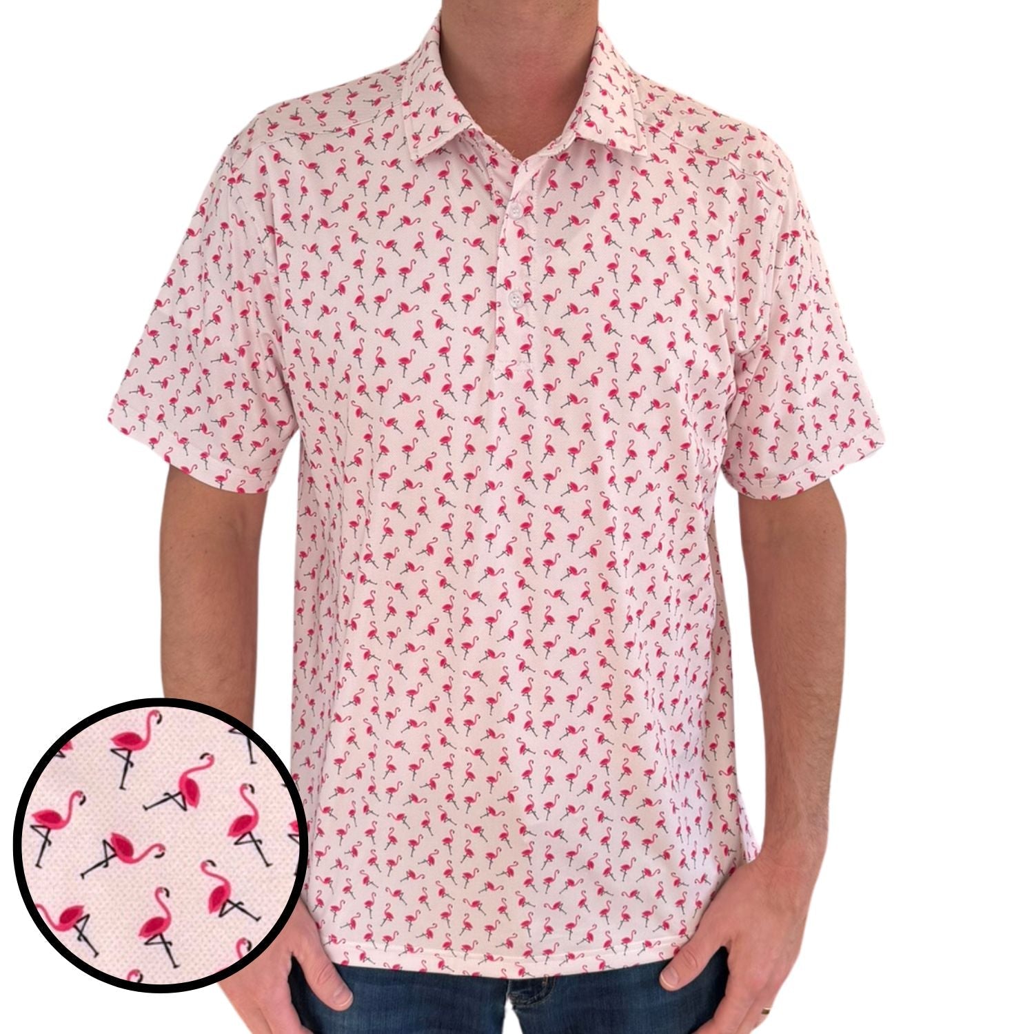 Person wearing a white shirt with pink flamingo pattern, inset showing the pattern details.