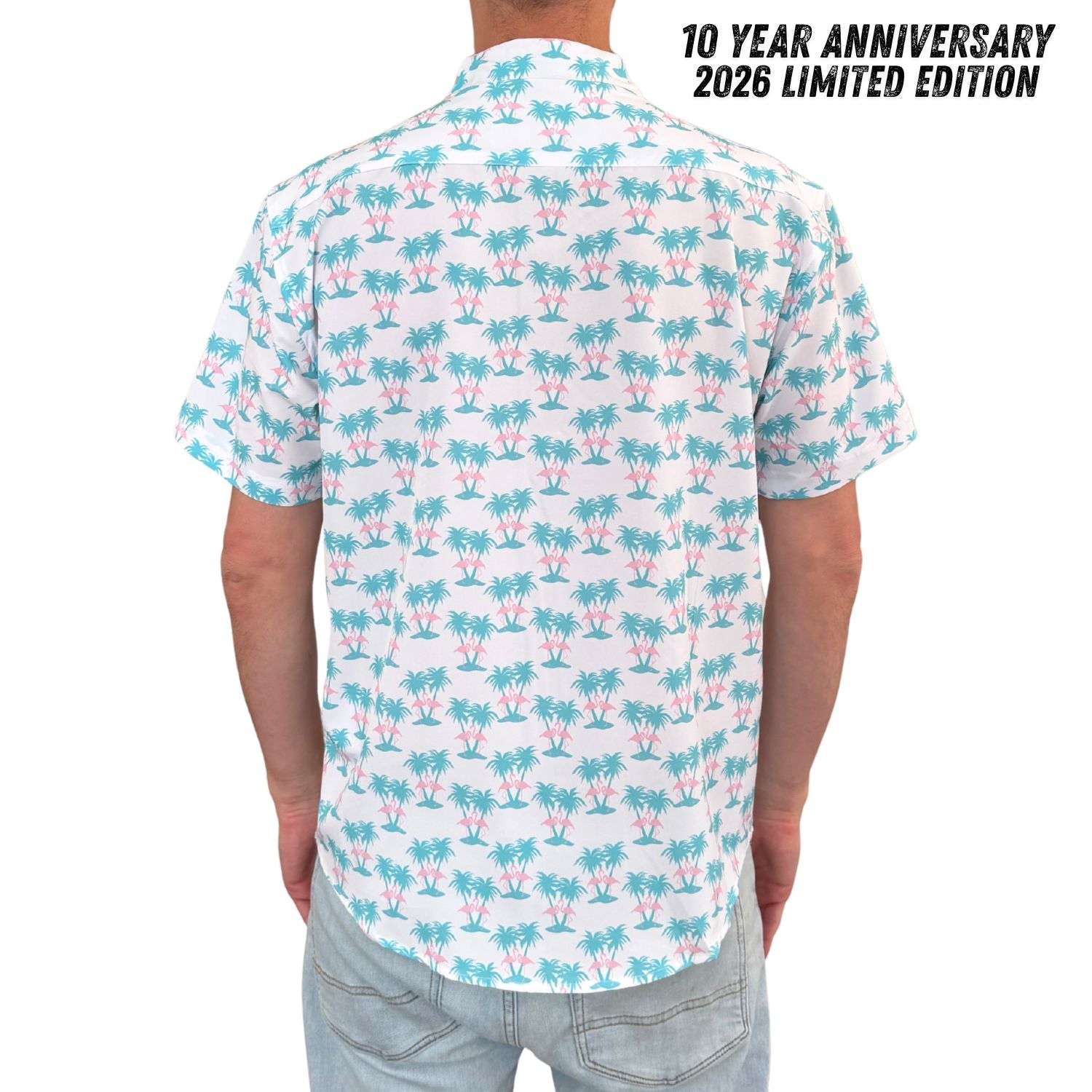 Person wearing a shirt with a palm tree pattern, labeled '10 Year Anniversary 2026 Limited Edition'.