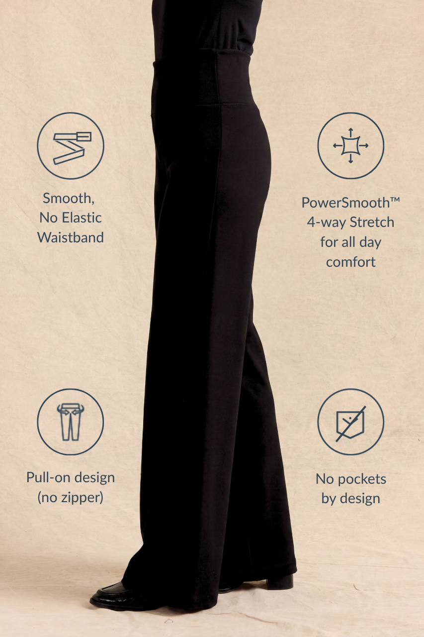 A person wearing black wide-leg flared pants shown from the waist down on a beige textured background, with four feature callouts around the legs describing the garment's comfort and design.