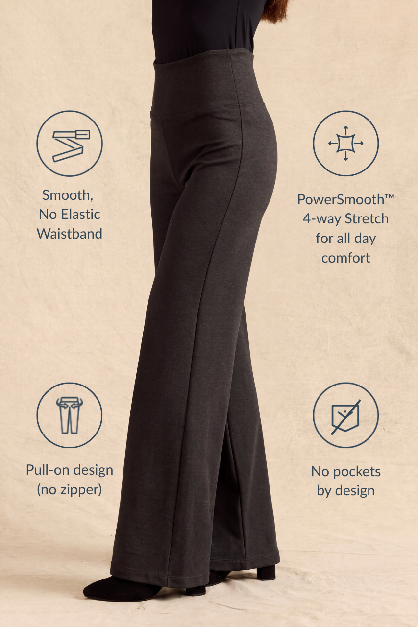 A model wears dark charcoal gray flared pants with text callouts highlighting features like smooth waistband, 4-way stretch, pull-on design, and no pockets, set against a textured beige background.
