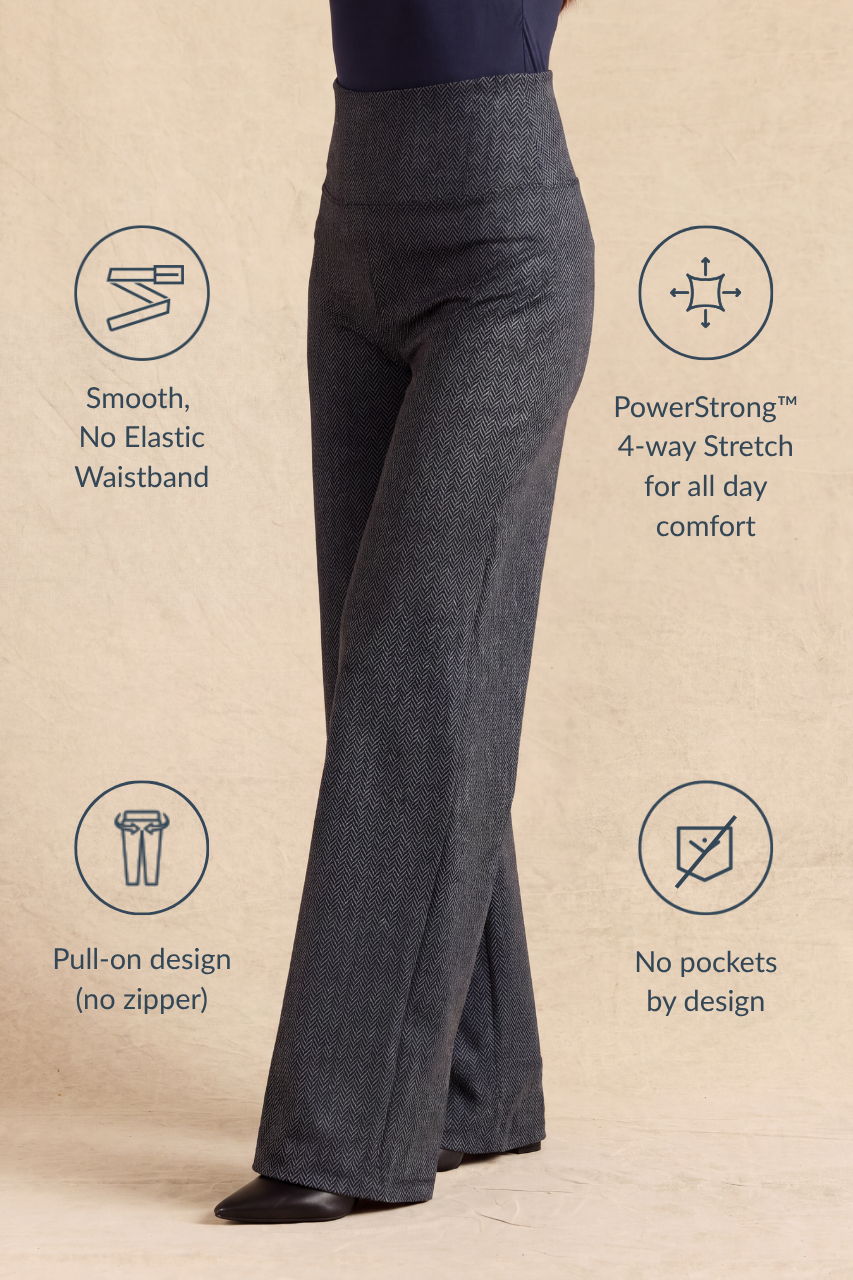 Dark gray wide-leg trousers shown on a model from the waist down, with four feature callouts around the product highlighting its stretch waistband, 4-way stretch, pull-on design, and no pockets.
