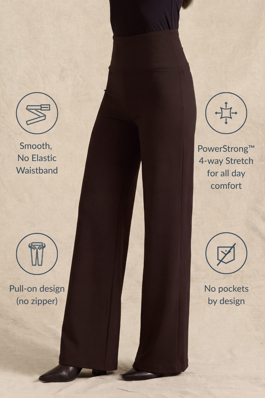 A model is shown from the waist down wearing dark brown wide-leg trousers, with four feature callout graphics and text highlighting the product's design and comfort features.