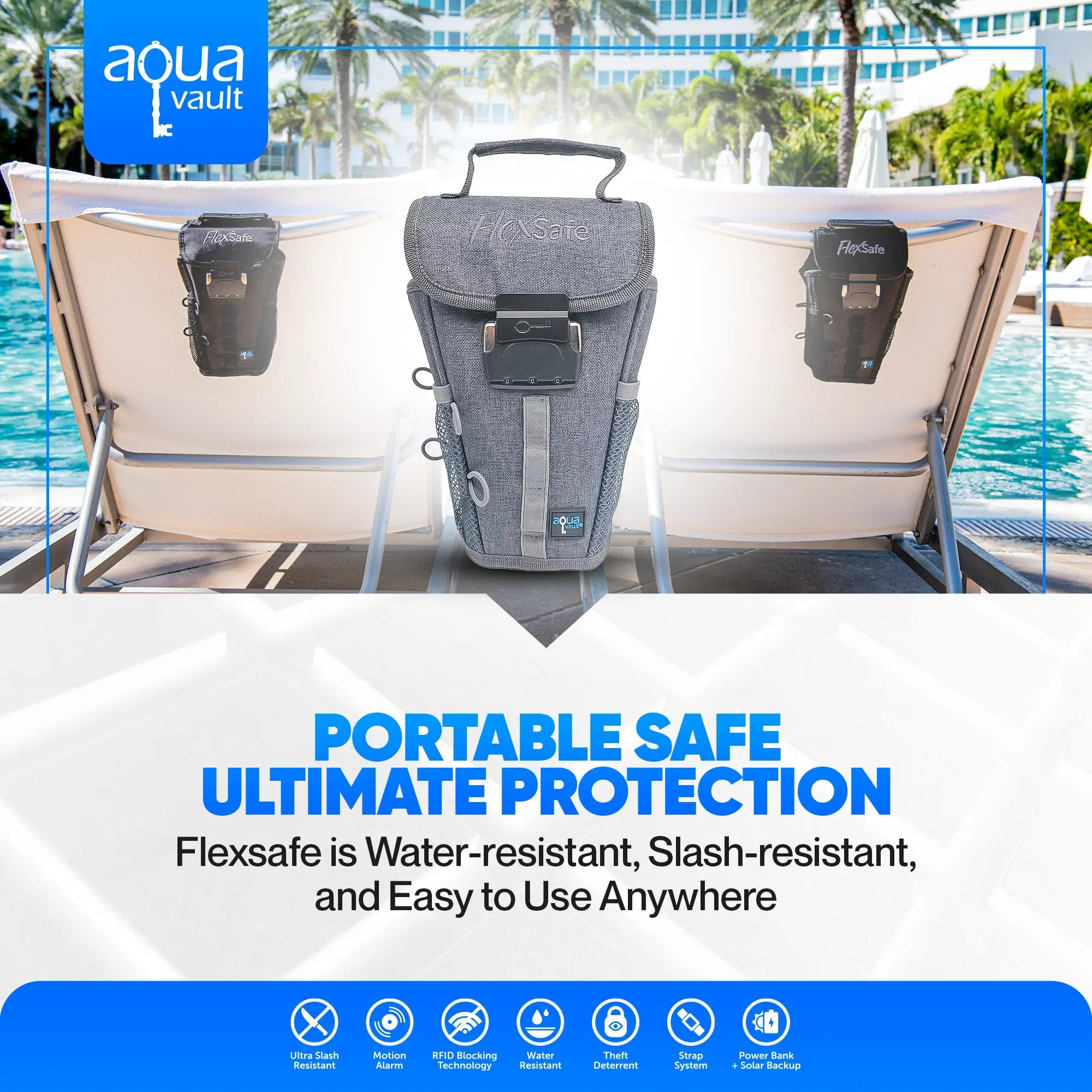 Gray backpack with water-resistant features on a lounge chair by a pool, with Aqua Vault branding.