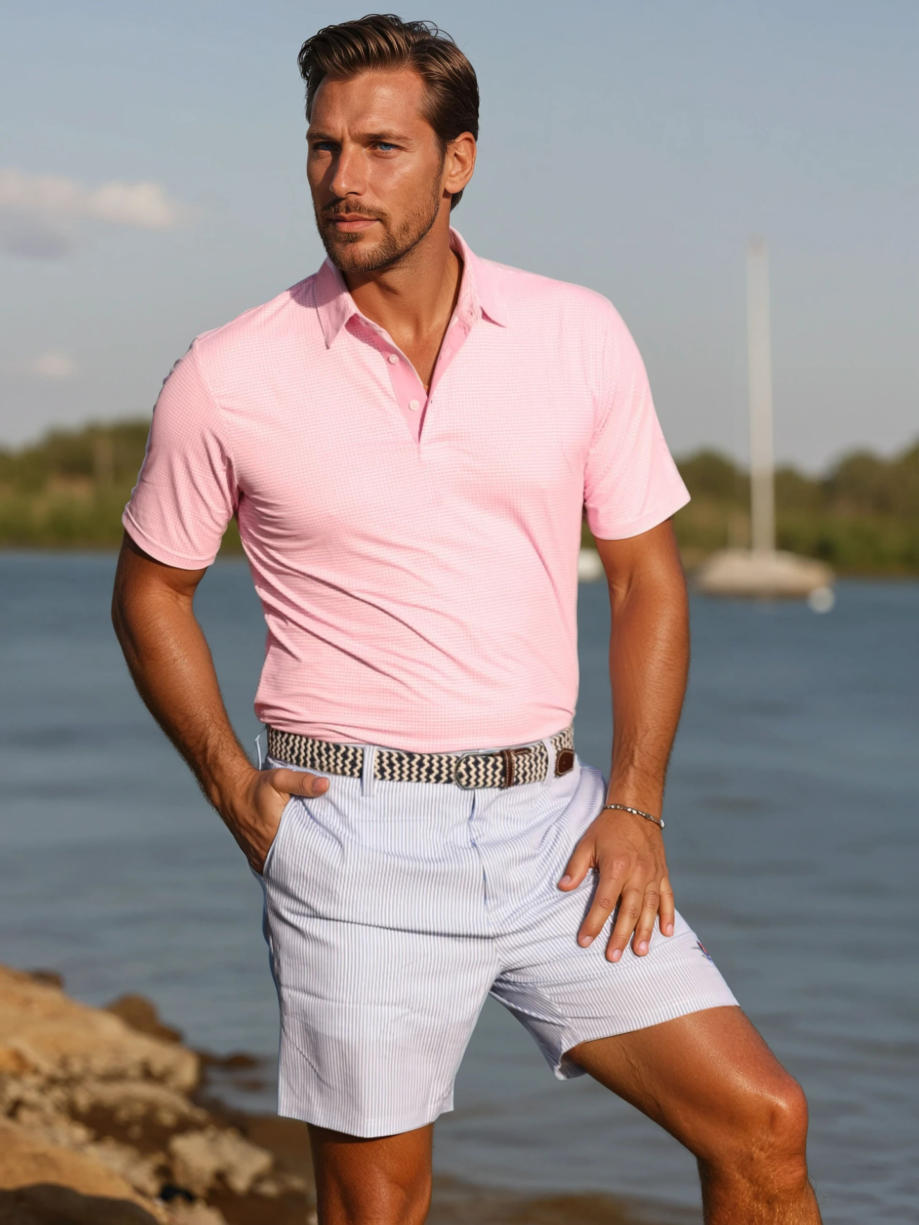 Man wearing a pink polo shirt and light gray shorts by a body of water.