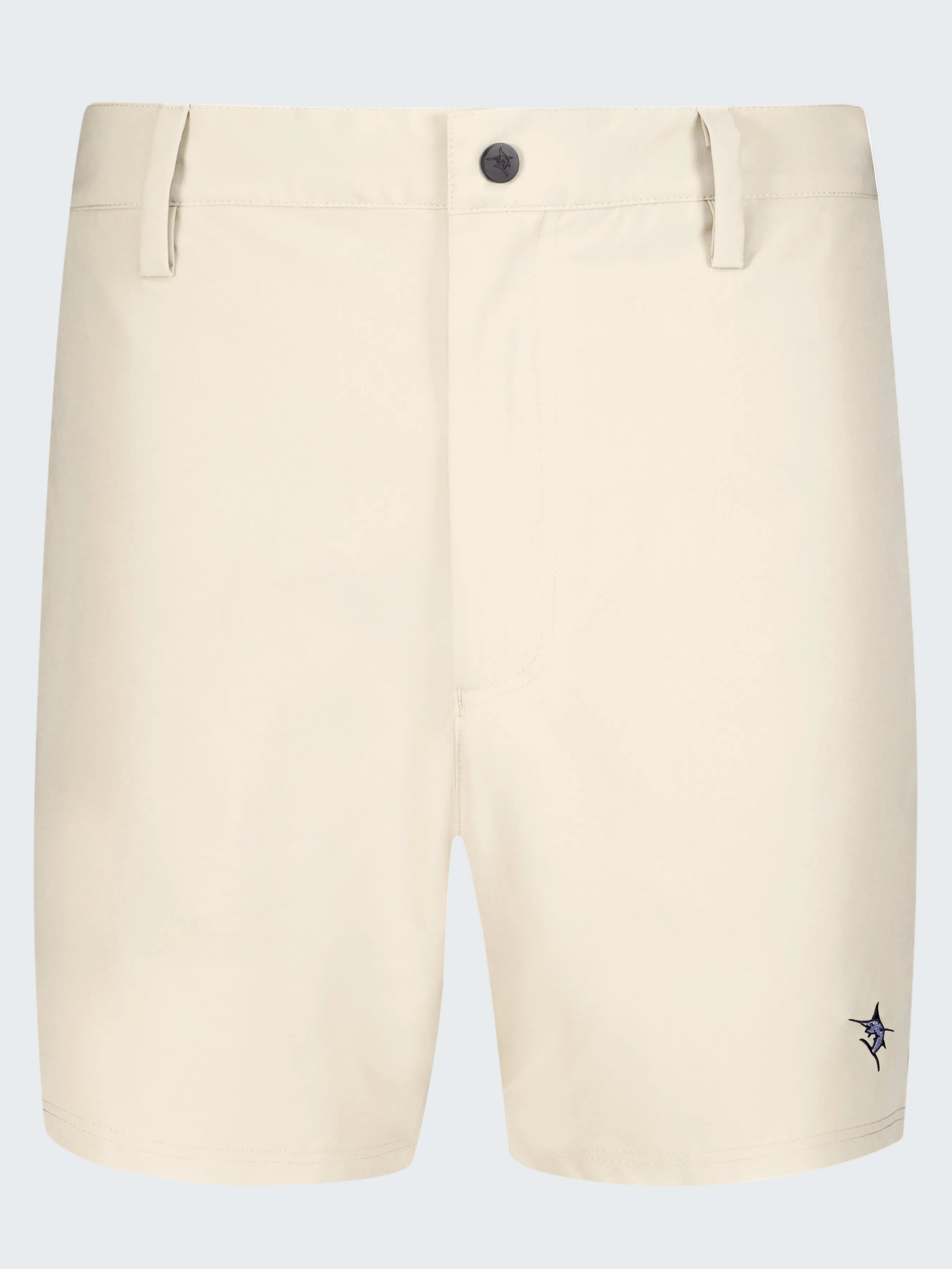Beige shorts with a small logo on a white background