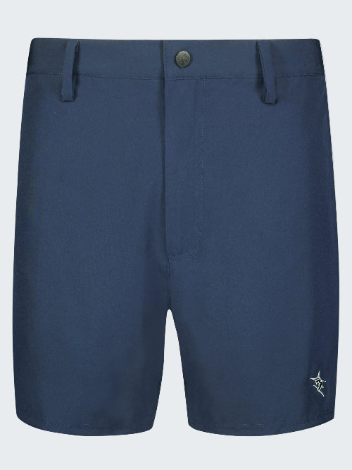 Navy blue shorts with a button on a white background