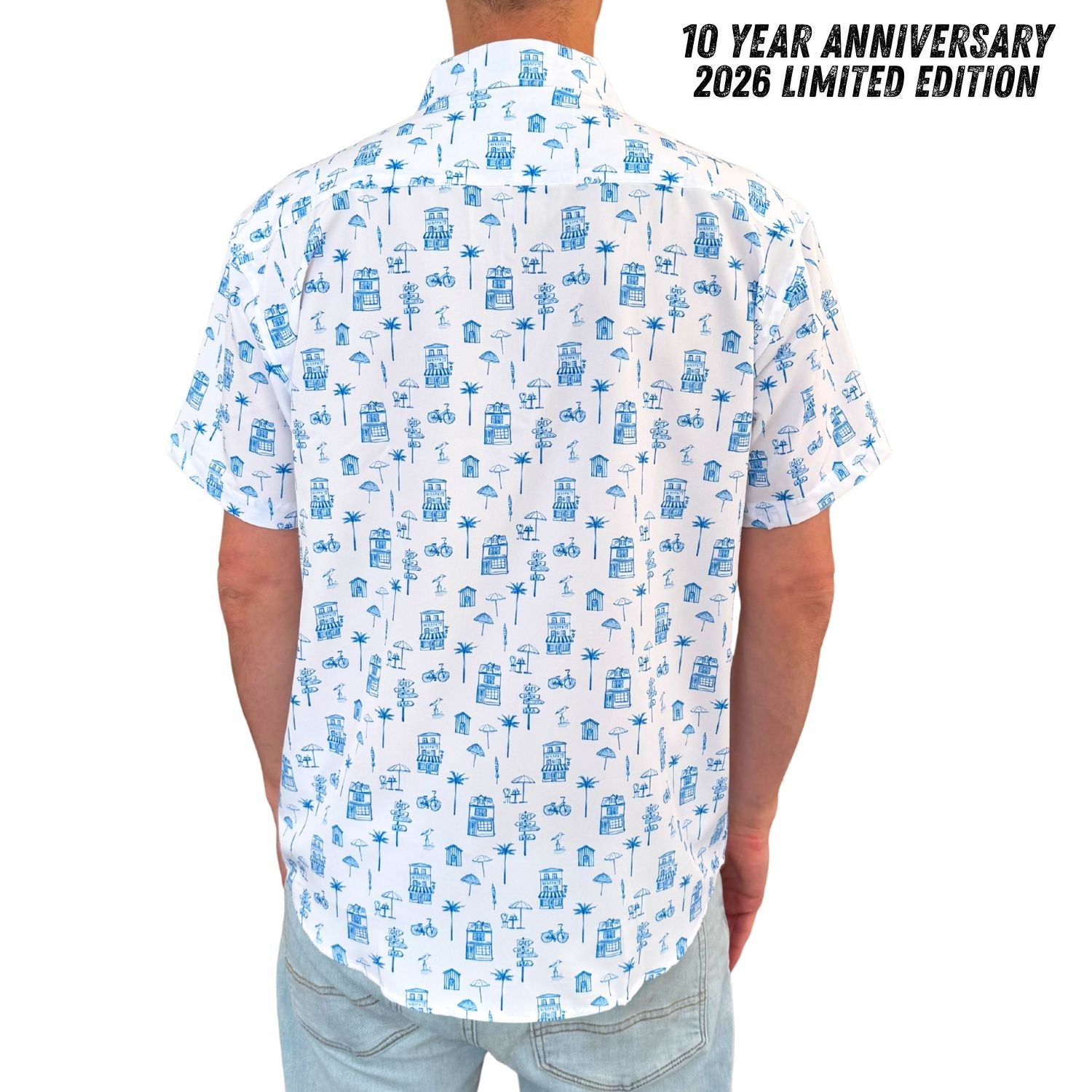 White shirt with blue pattern worn by a person, 10 Year Anniversary 2026 Limited Edition text on a white background
