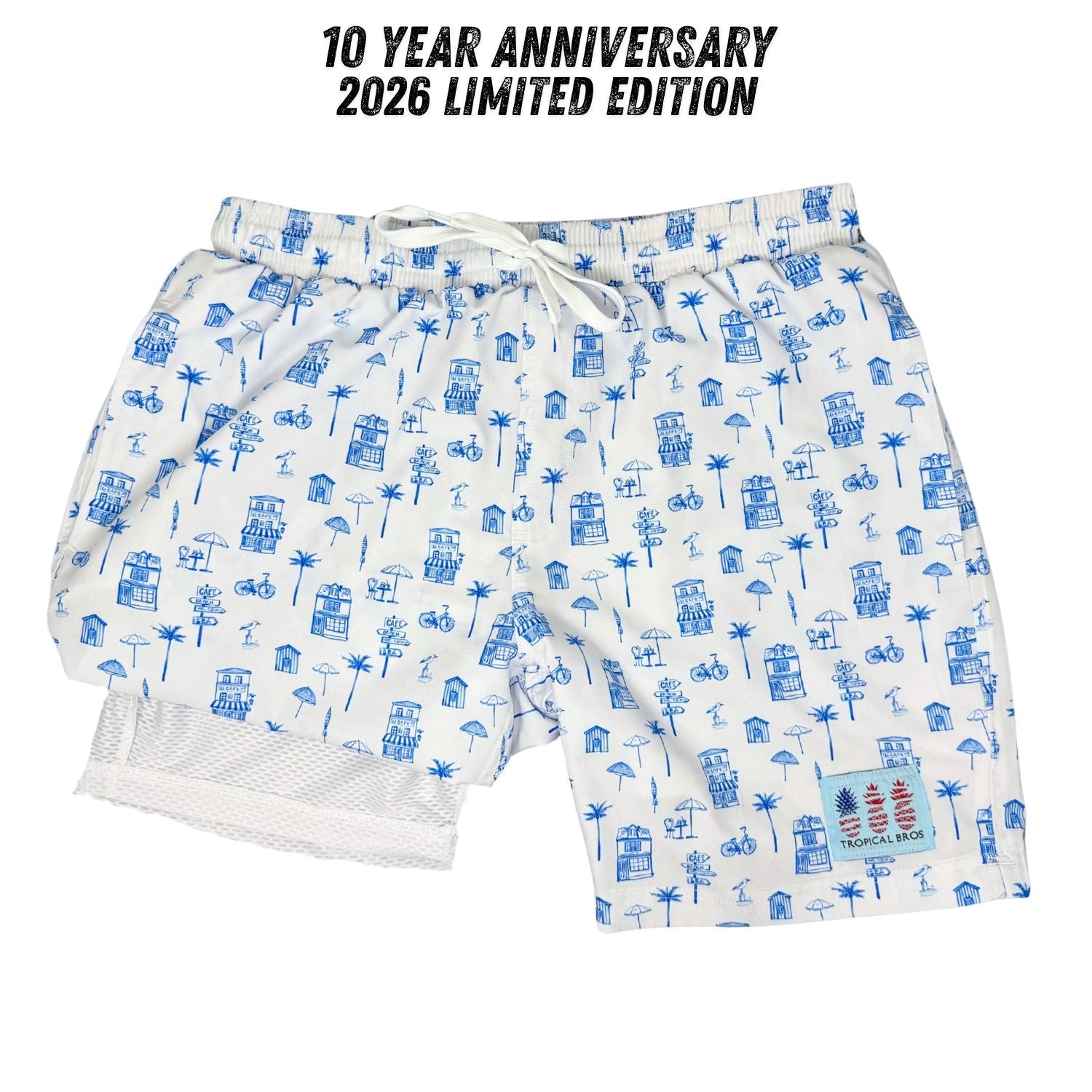 White shorts with blue pattern and 10 Year Anniversary 2026 Limited Edition text above