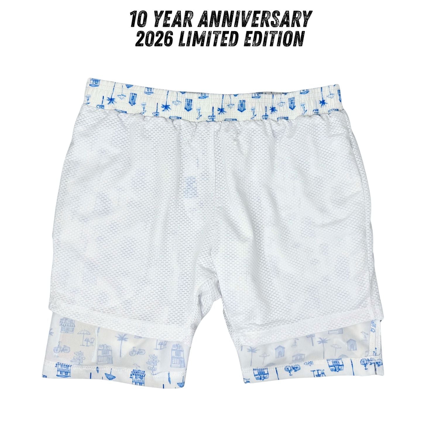 White boxer briefs with blue patterns on a white background, labeled '10 Year Anniversary 2026 Limited Edition'.