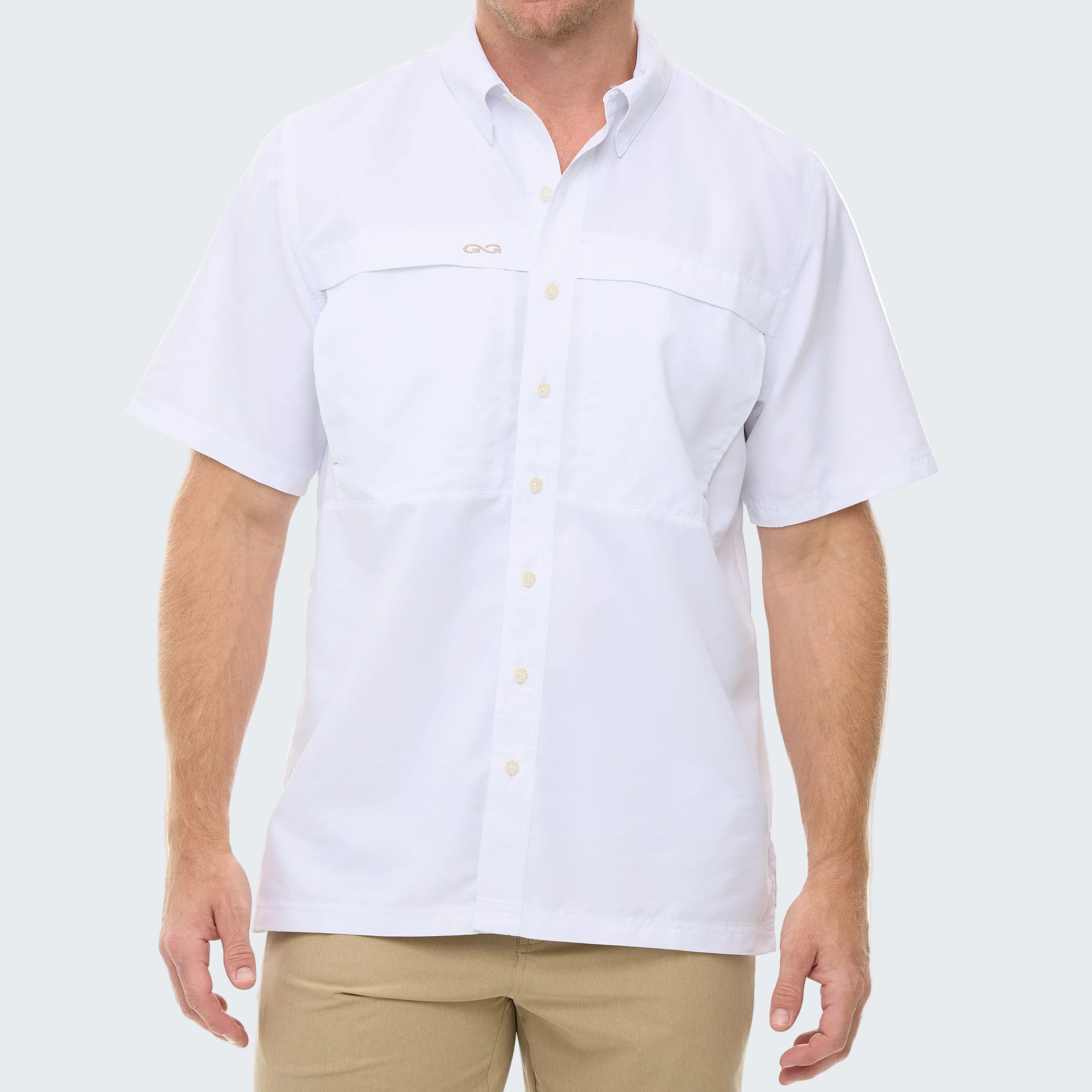 Man wearing a white short-sleeve shirt on a white background