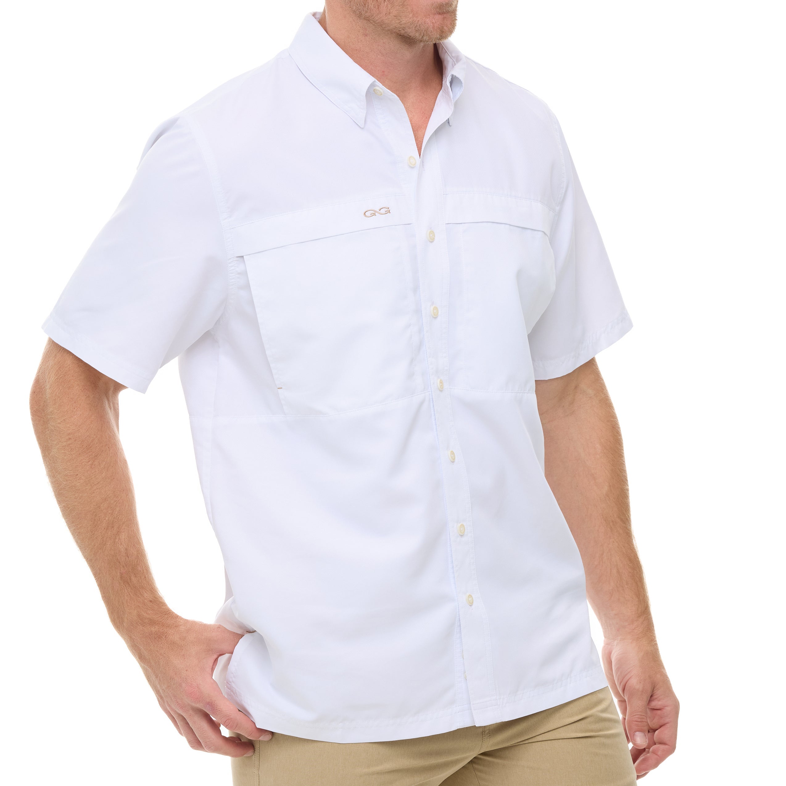 Man wearing a white short-sleeve shirt on a white background
