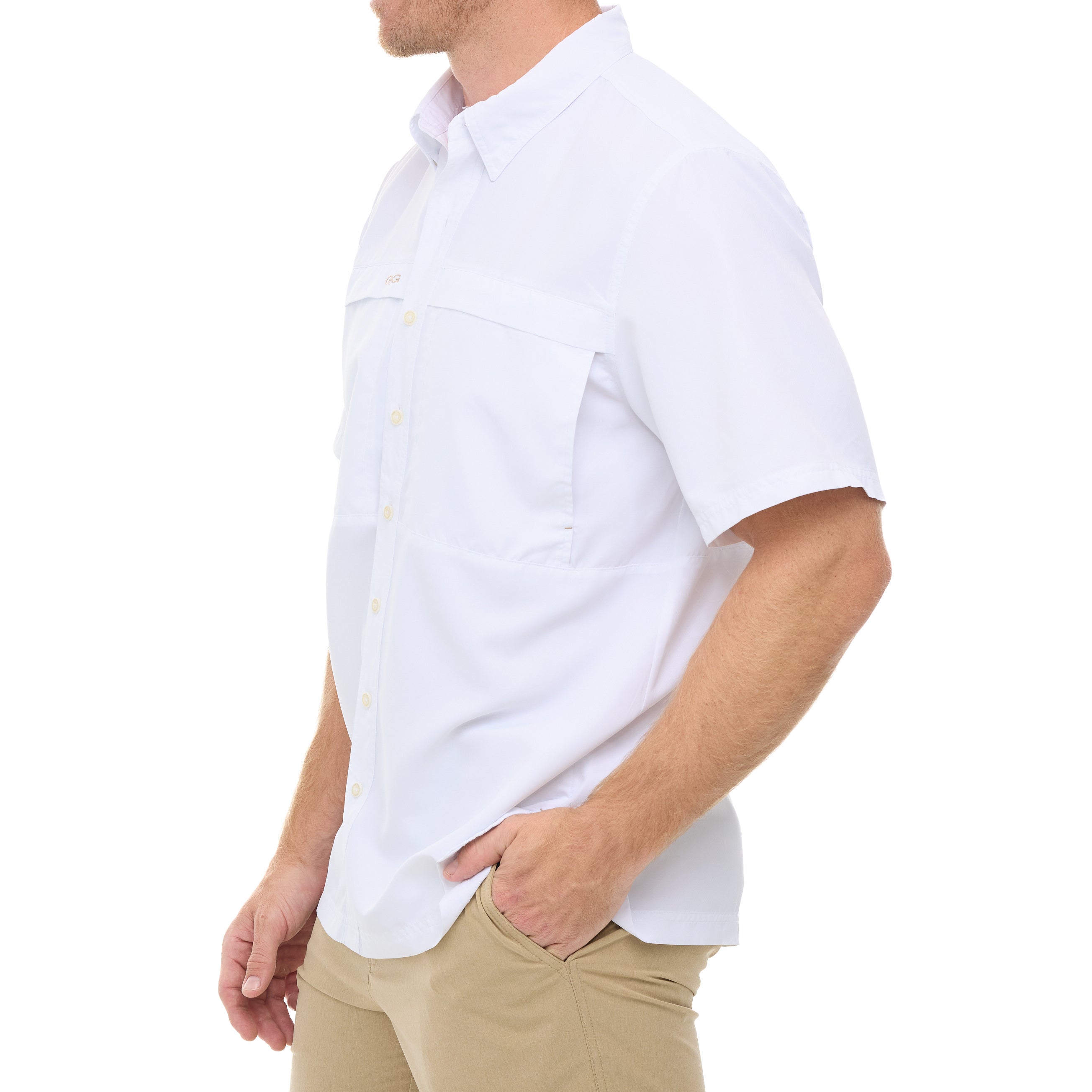 Person wearing a white short-sleeve shirt and beige pants on a white background