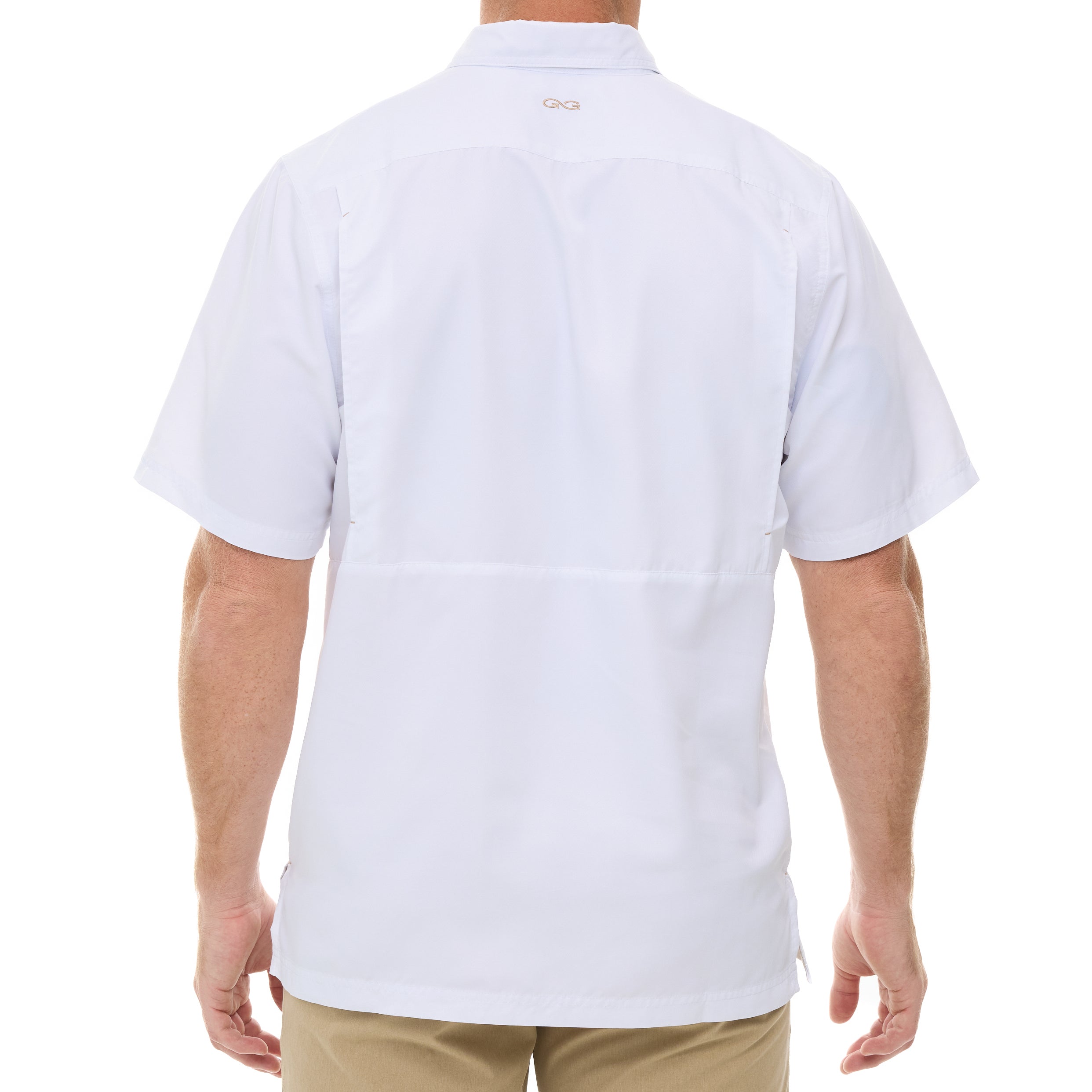 White polo shirt worn by a person on a white background