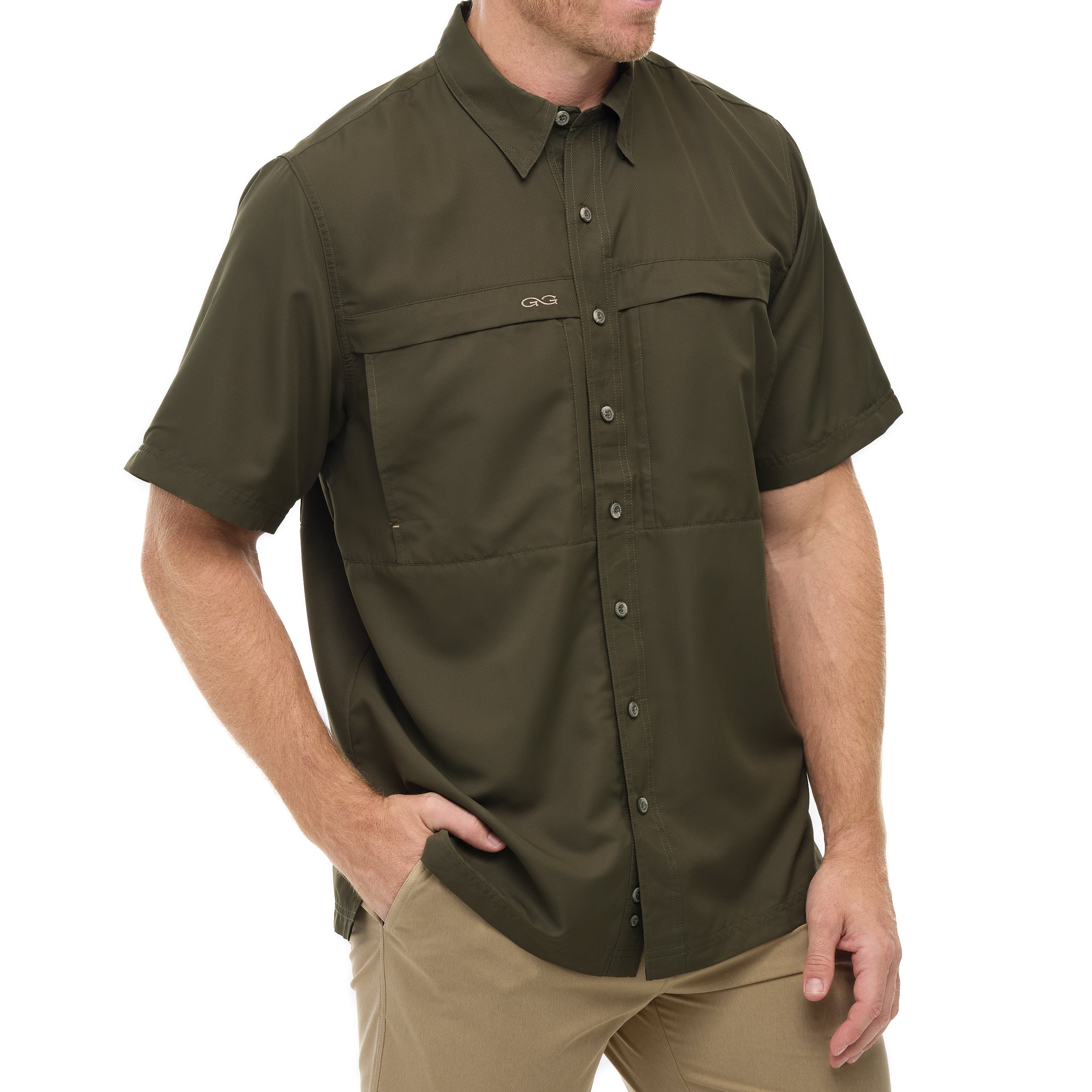 Man wearing a green short-sleeve shirt with a brand logo on a white background