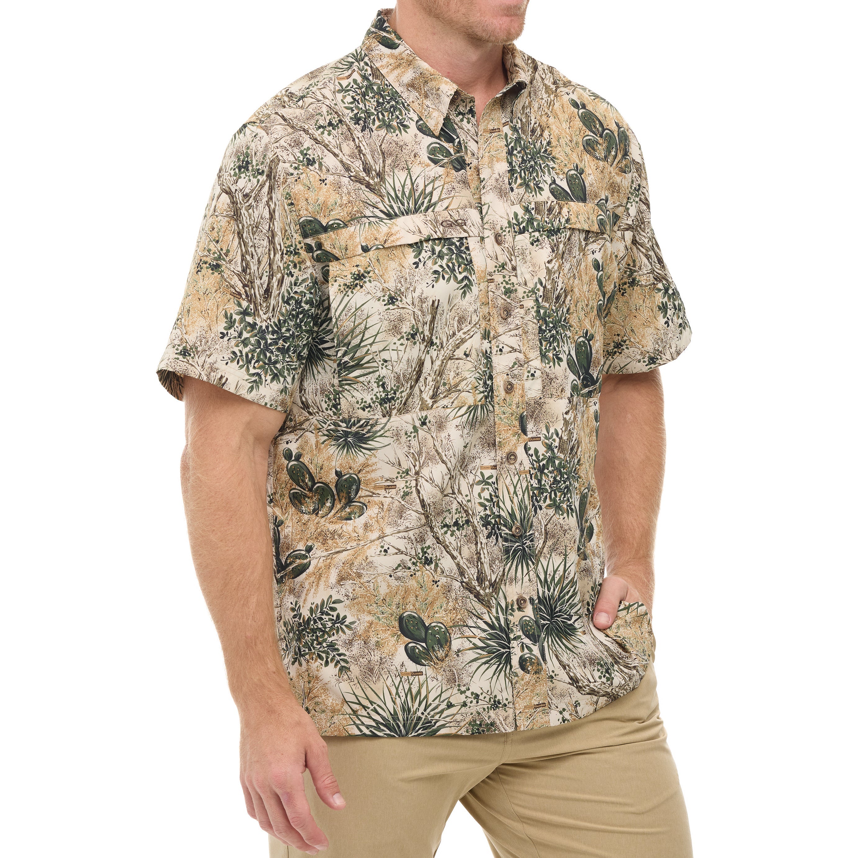 Man wearing a patterned shirt with a white background