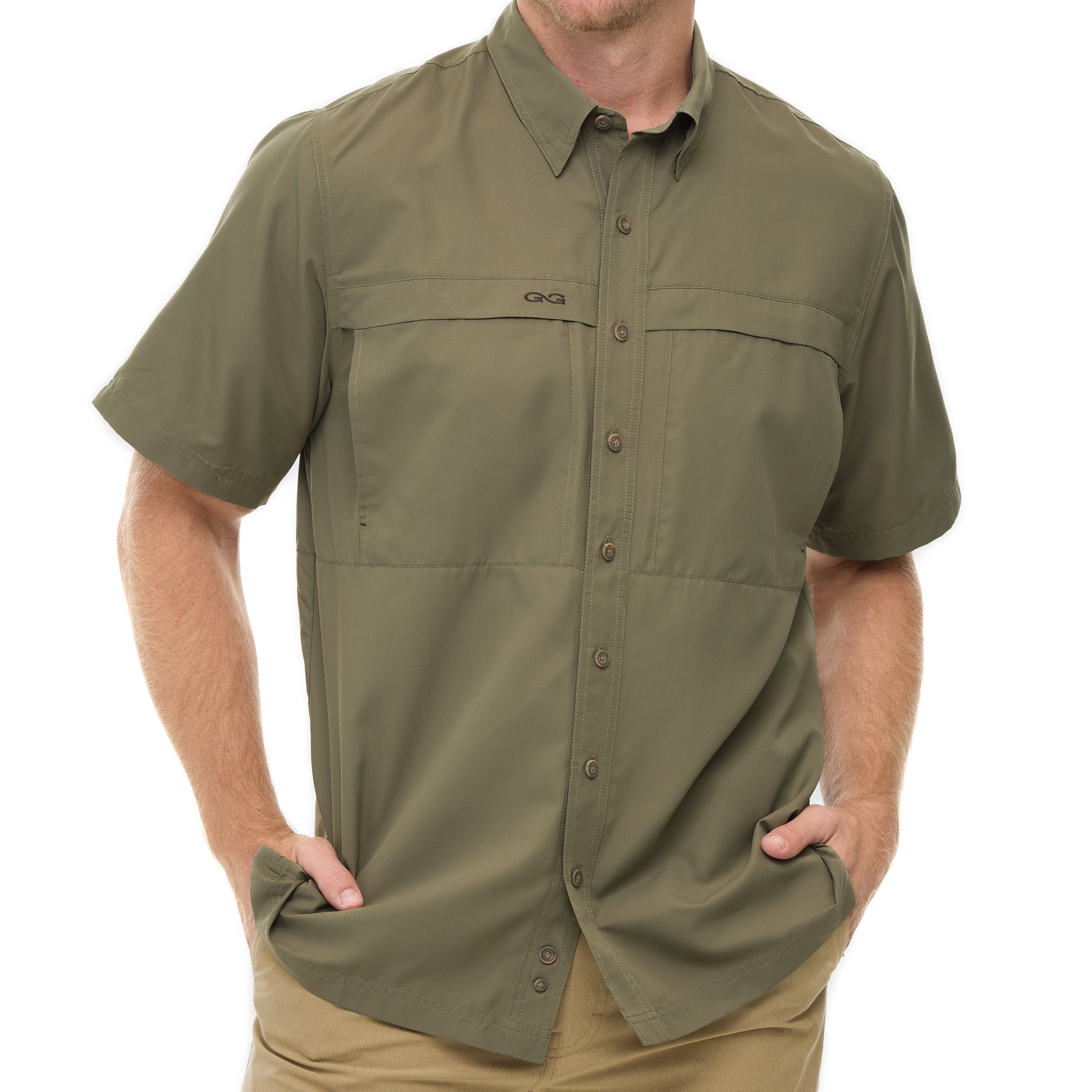 Man wearing a green short-sleeve shirt on a white background