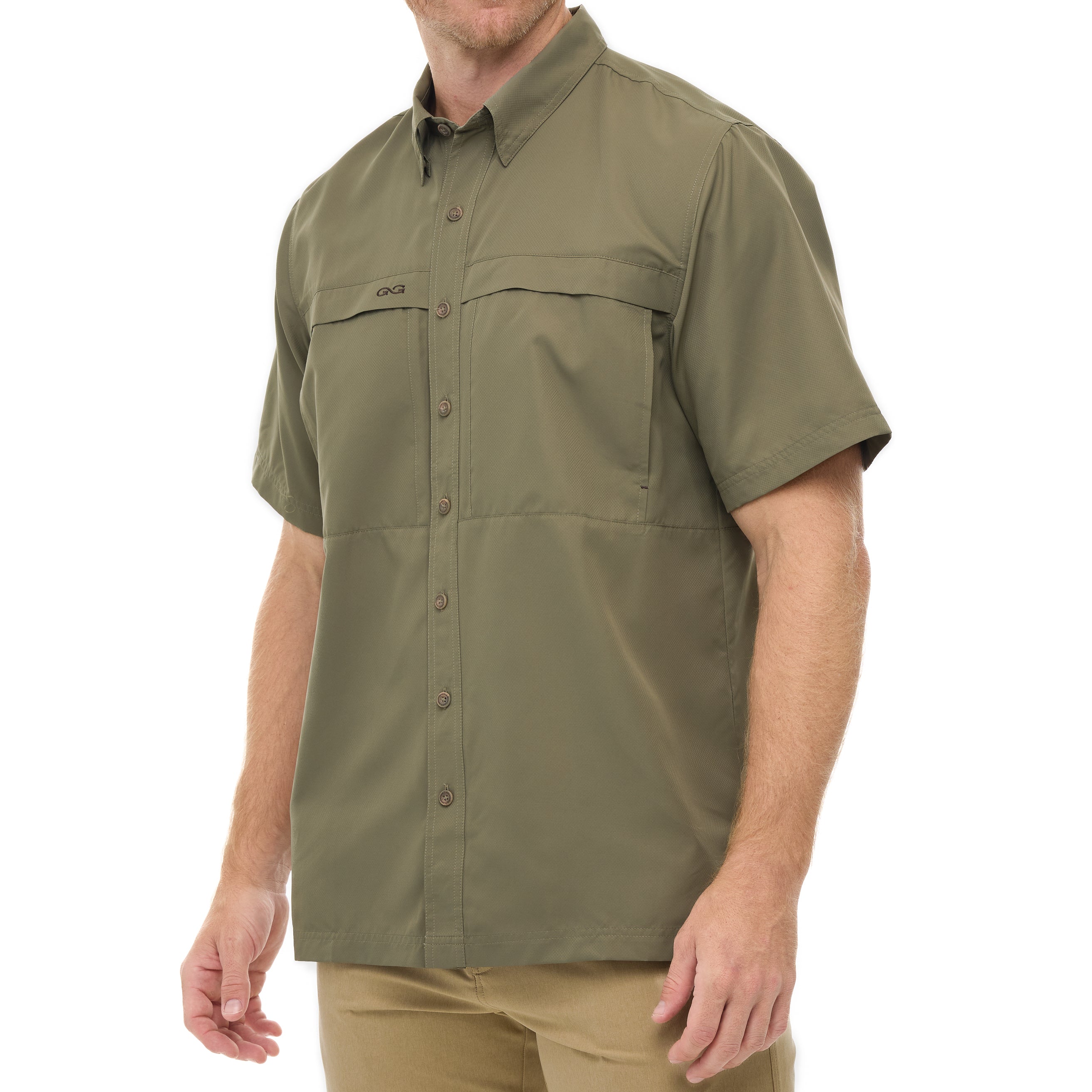 Olive green short-sleeve shirt worn by a person on a white background